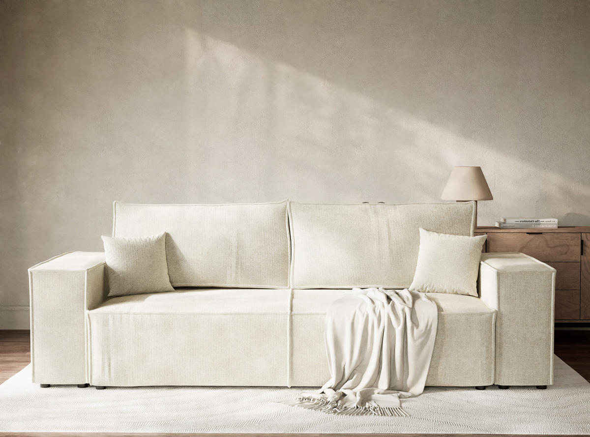 SOFA MIT SCHLAFFUNKTION Milos Creme Chenille-Stoff - Creme/Schwarz, Holz/Holzwerkstoff (255/70/105cm) - Maison de Reve