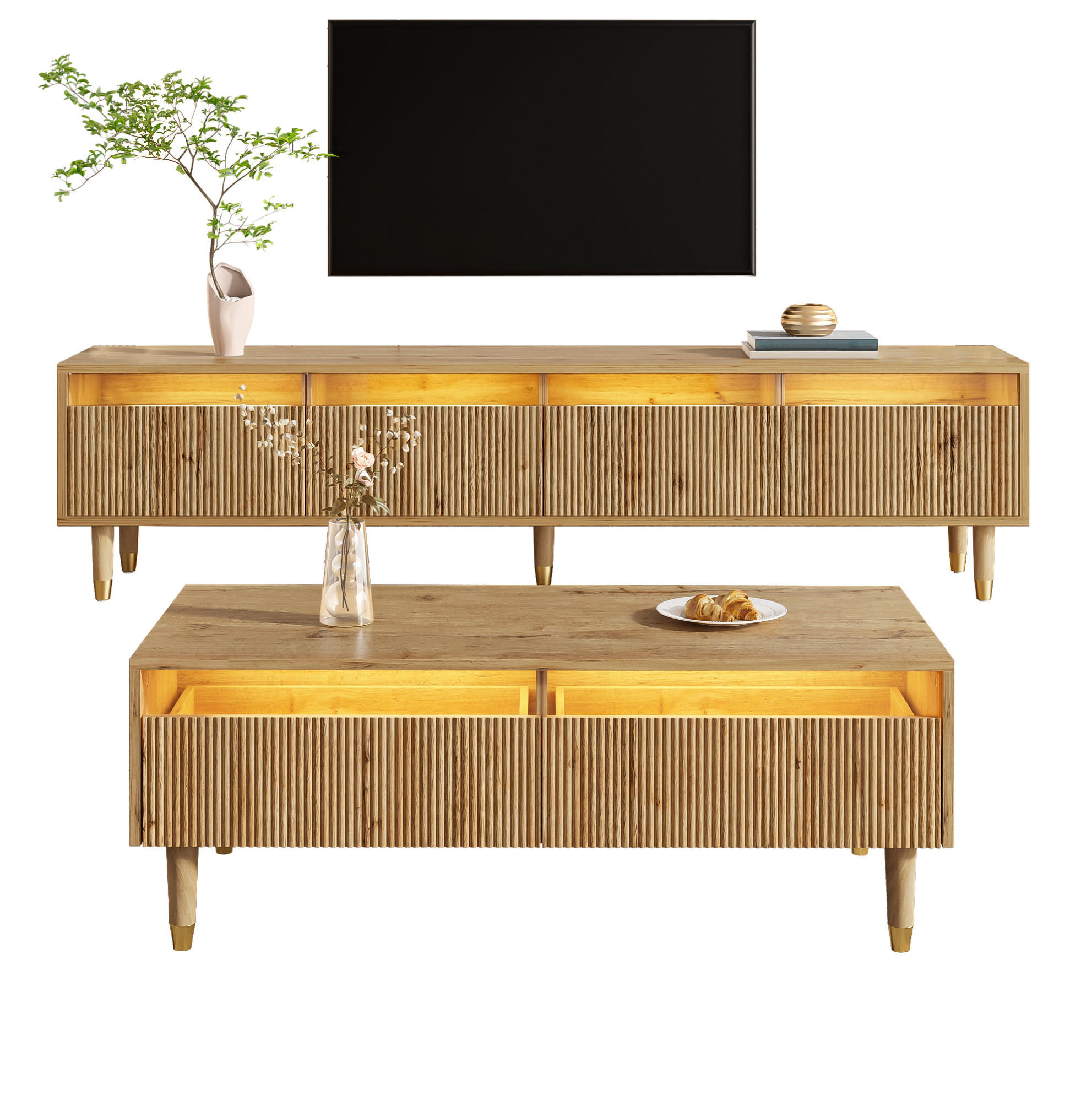 COUCHTISCH aus MDF 178x35x45 cm in Naturfarben mit LED-Beleuchtung & 2 Schubladen - Naturfarben, Holzwerkstoff (178/35/45cm) - Modfu