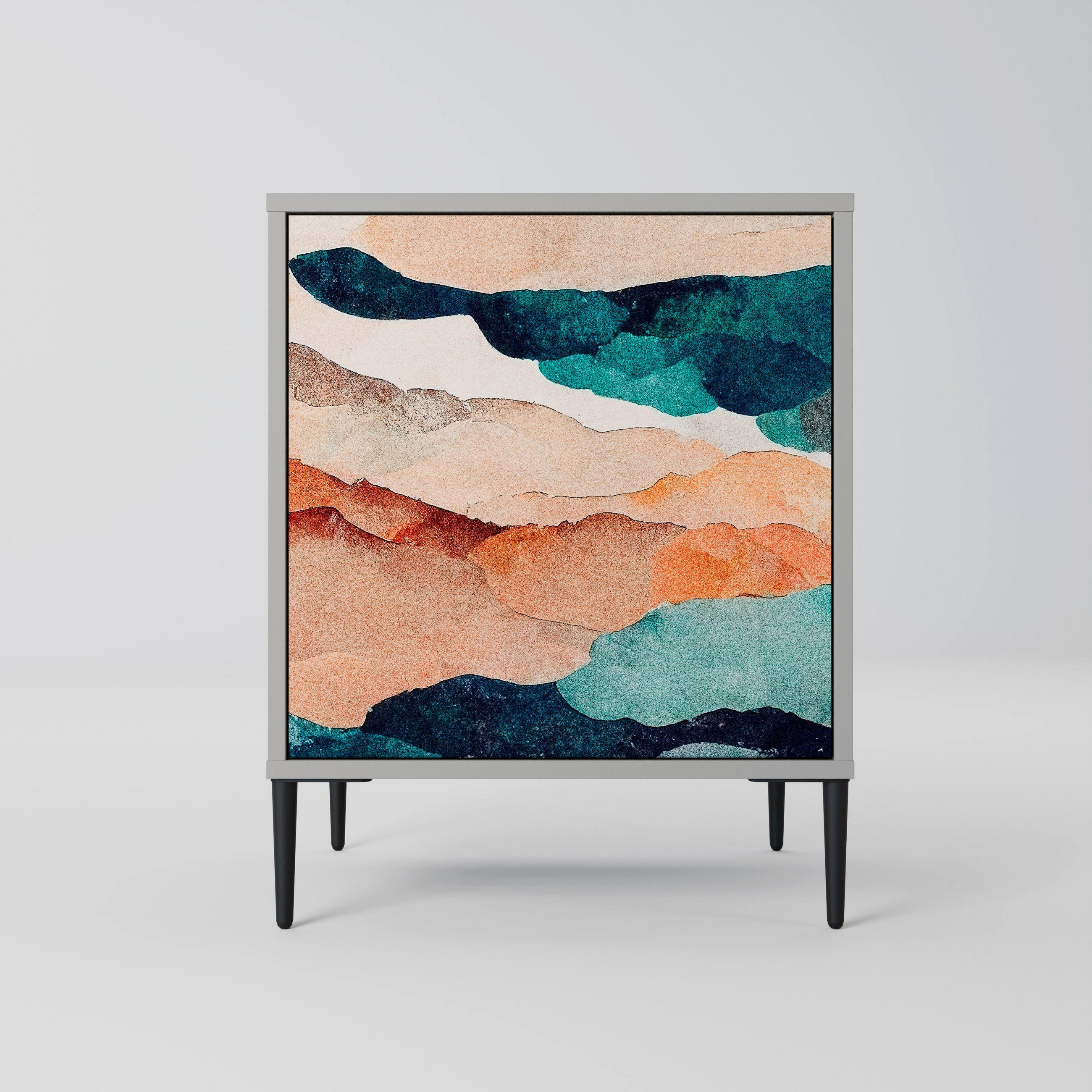 SIDEBOARD ABSTRACT LANDSCAPE, Grau, 57,5x42x72,5 cm, Schwarze Metallfüße - Multicolor/Schwarz, Holzwerkstoff/Metall (57.5/72.5/42cm) - SpaceRebels