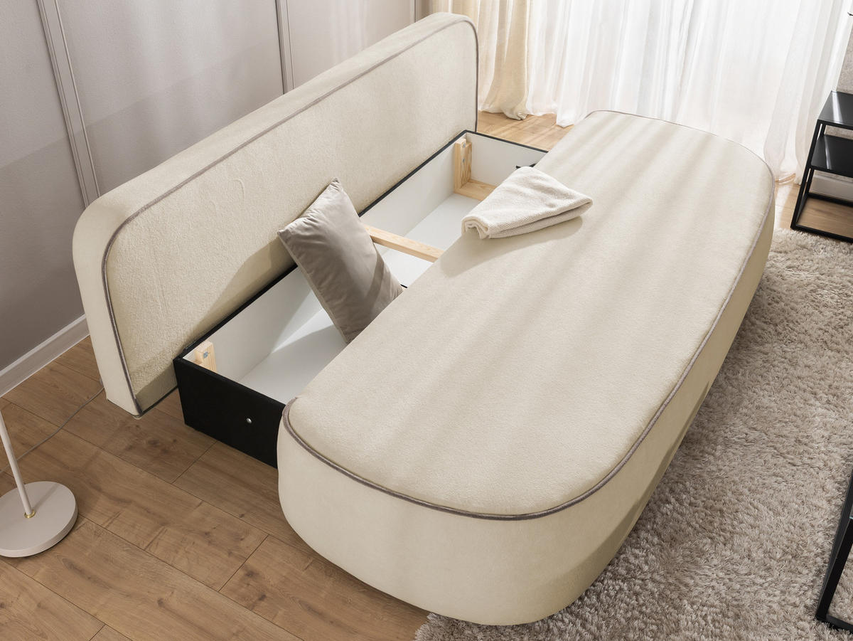 SCHLAFSOFA Vero im modernen und abgerundeten Design mit Bettkasten aus Beige Plüschstoff mit tauper Paspel - Beige/Schwarz, Holz/Kunststoff (210/90/98cm) - S-Style Möbel