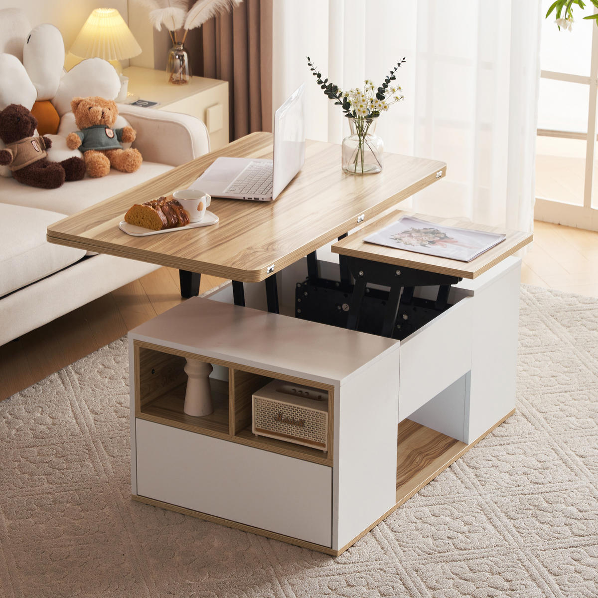 COUCHTISCH 100/51/47 cm höhenverstellbar mit 2-in-1-Tischplatte, 2 Schubladen und Stauraum aus Spanplatte, Weiß/Gelbbraun - Weiß, Holzwerkstoff (100/51/47cm) - Redom