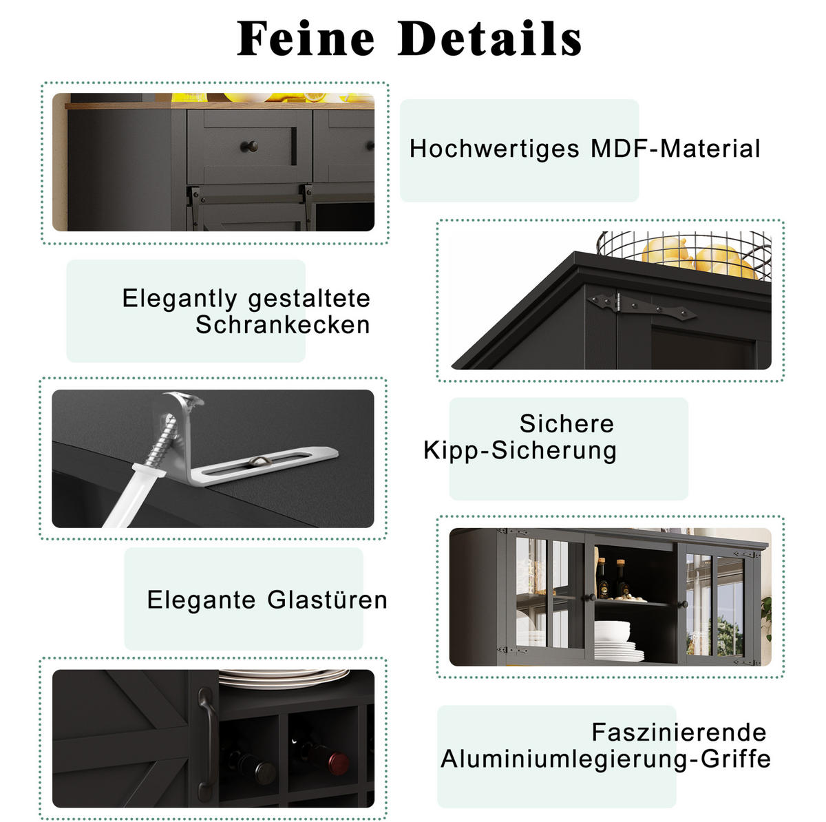 BUFFET 105/38,4/180 cm aus MDF mit LED-Beleuchtung und Schiebetür Schwarz - Schwarz, Holzwerkstoff (105/180/38.4cm) - Modenvie