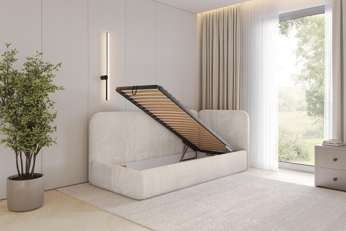 EINZELLBETT Jugendbett mit Bettkasten und Matratze H3/H4, Links - ELSY 100x200 Beige - Ecru, Holzwerkstoff/Textil (100/200cm) - ALTDECOR
