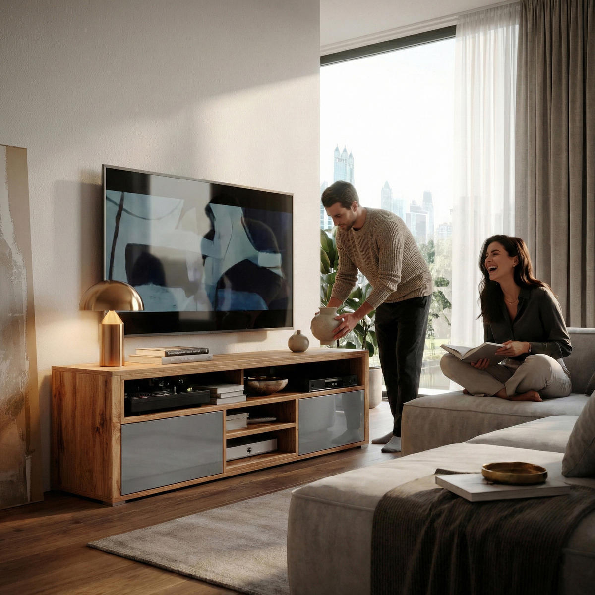 TV-ELEMENT Bella mit 2 Türen und offenem Regal, eiche Wotan+grau glänzend - Eichefarben/Weiß, Holzwerkstoff (137/42.5/33cm) - Beautysofa