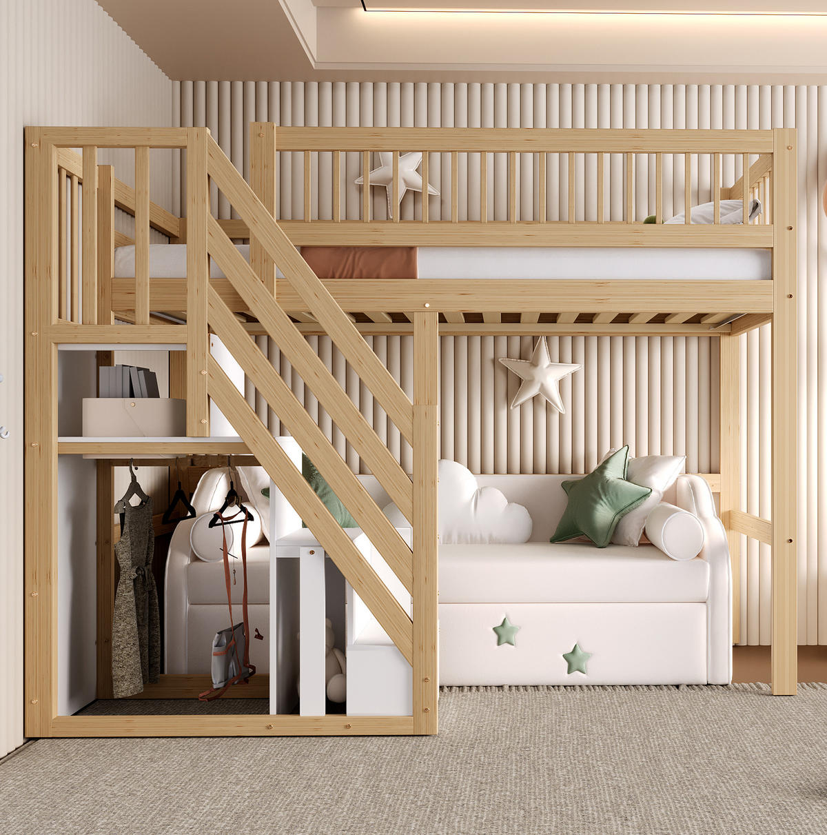 PATROVÁ postel 90/200 cm v přírodní barvě s dřevěnými úložnými schody - přírodní, kompozitní dřevo (90/200cm) - OKWISH