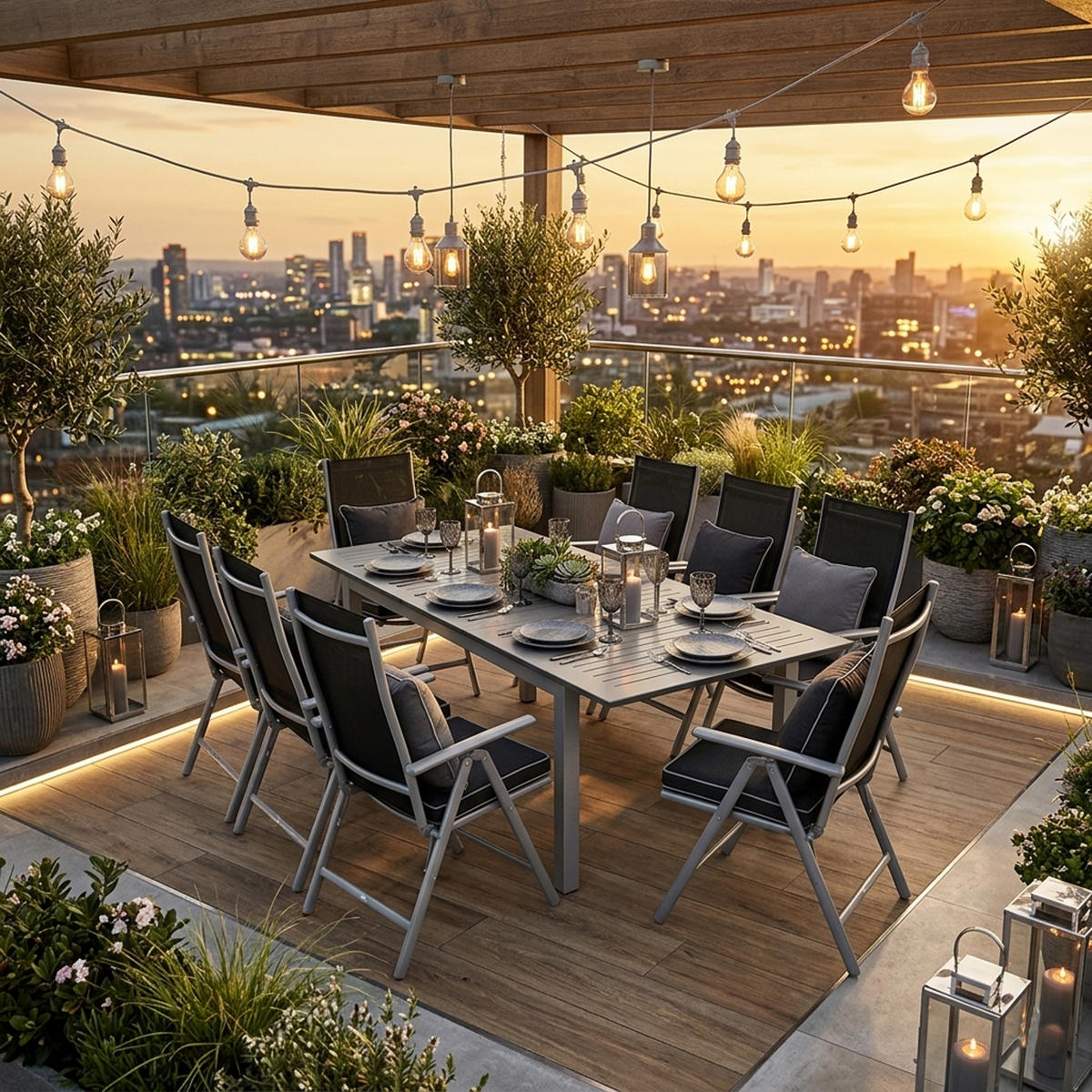 GARTEN-GARNITUR Ashford - 9-teilige Garten-Essgruppe (8x Klappsessel mit Aluminiumgestell grau, Bespannung Textilene schwarz - Schwarz, Metall - TPFGarden