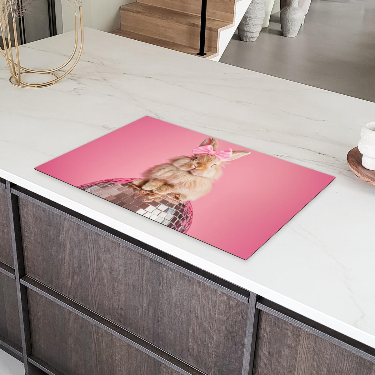 HERDABDECKPLATTE Schleife - Discoball - Kaninchen Ceranfeldabdeckung 85x52 cm - Pink, Kunststoff (85/52/0.2cm) - MuchoWow