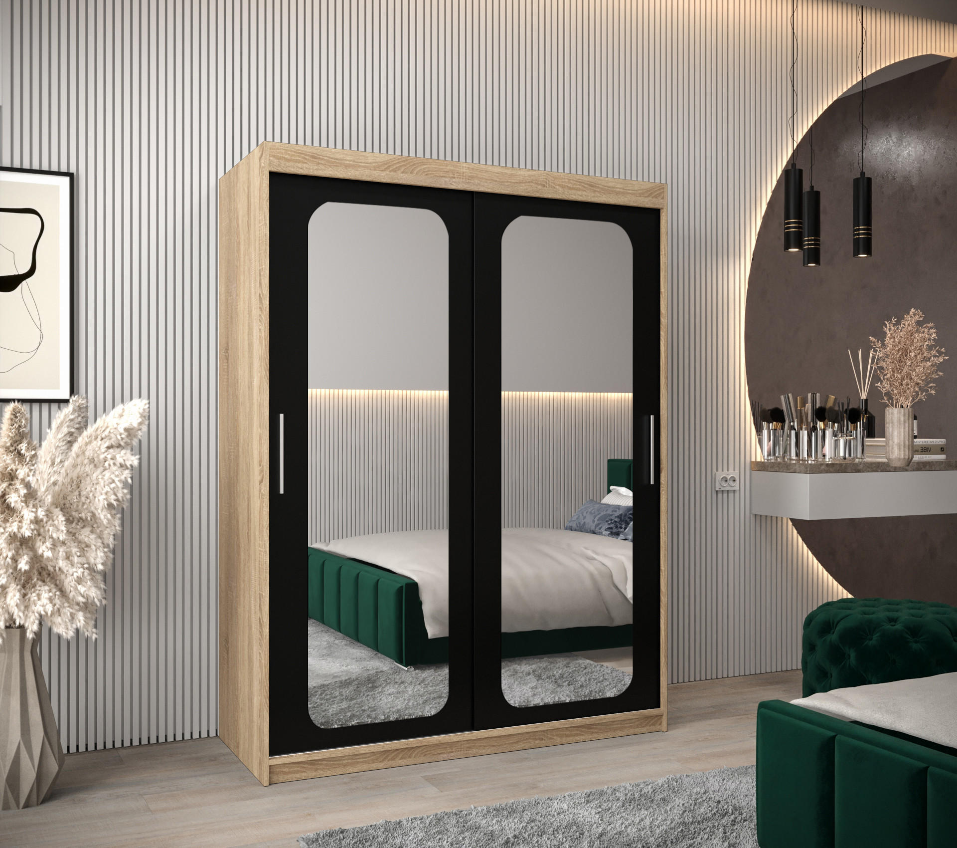 SCHWEBETÜRENSCHRANK 200/150/62 2-türig - Silberfarben/Schwarz, Holz/Kunststoff (150/200/62cm) - Abiks Möbel