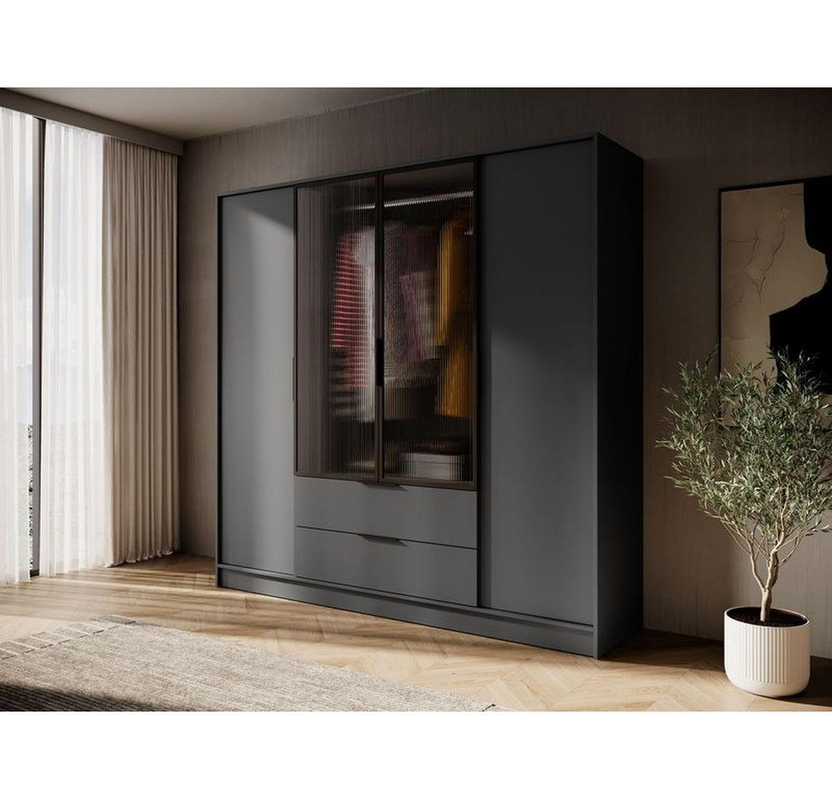 KLEIDERSCHRANK – 206 cm – Kelly – Graphitfarben – KS-GEN0268 - Graphitfarben, Holzwerkstoff (206/200/51cm) - hi-markt
