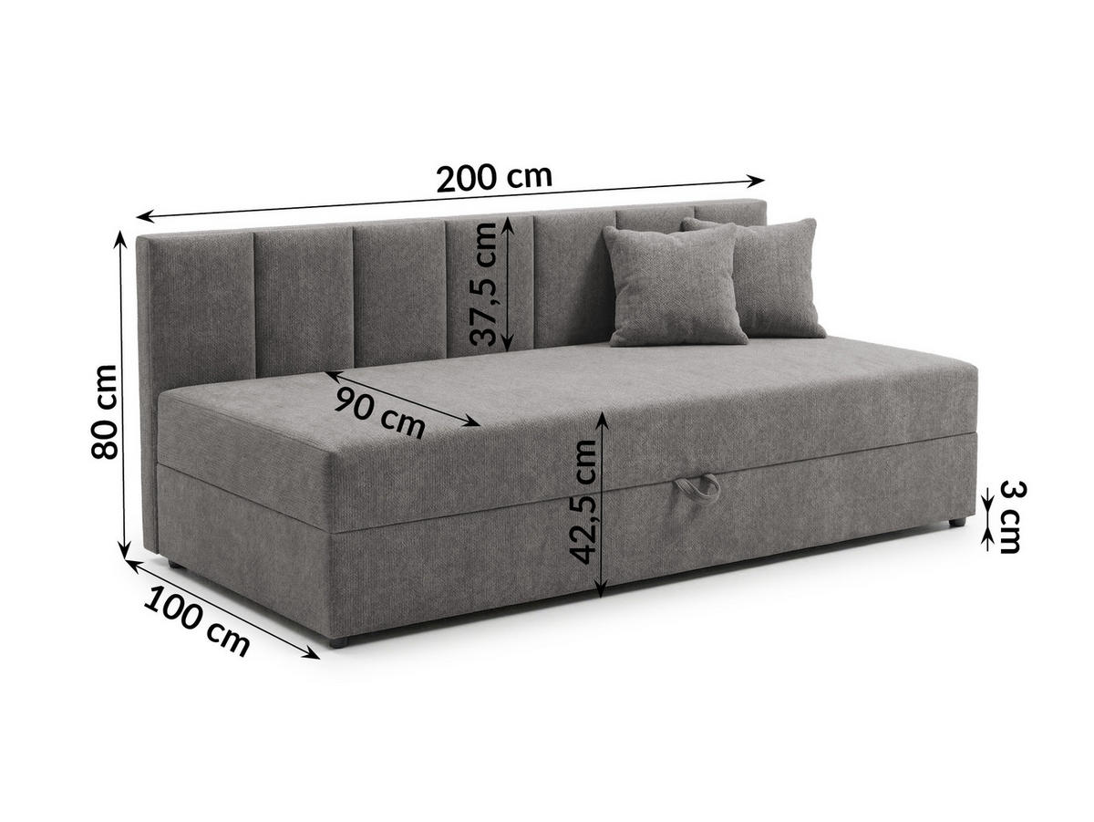 TAGESBETT Lenny mit Rückenlehne und großem Bettkasten aus Grau Chenille-Stoff - Schwarz/Grau, Holz/Kunststoff (90/200cm) - S-Style Möbel