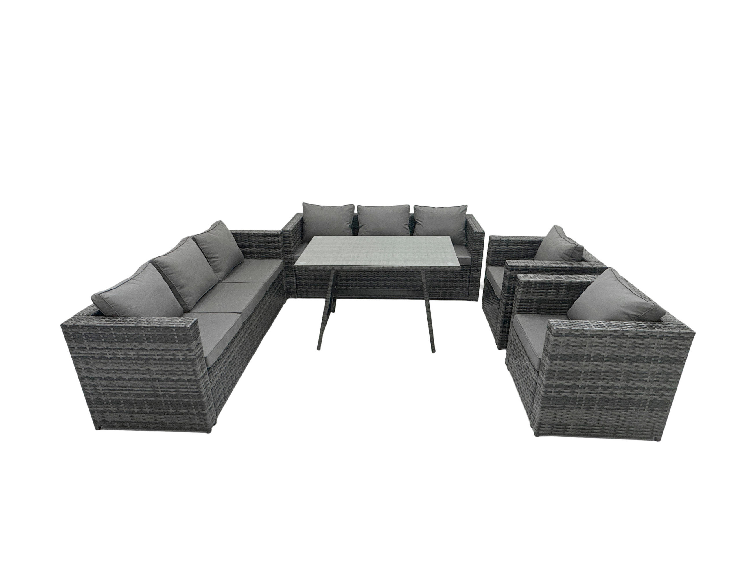 LOUNGESOFA SET mit Stuhl Esstisch Polyrattan 8-Sitzer - Dunkelgrau/Grau, Glas/Kunststoff - Fimous