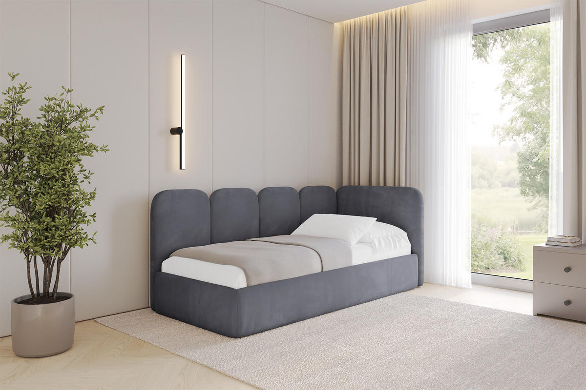 EINZELLBETT Jugendbett mit Bettkasten, Links - VELY 90x200 Dunkelgrau - Dunkelgrau, Holzwerkstoff/Textil (90/200cm) - ALTDECOR