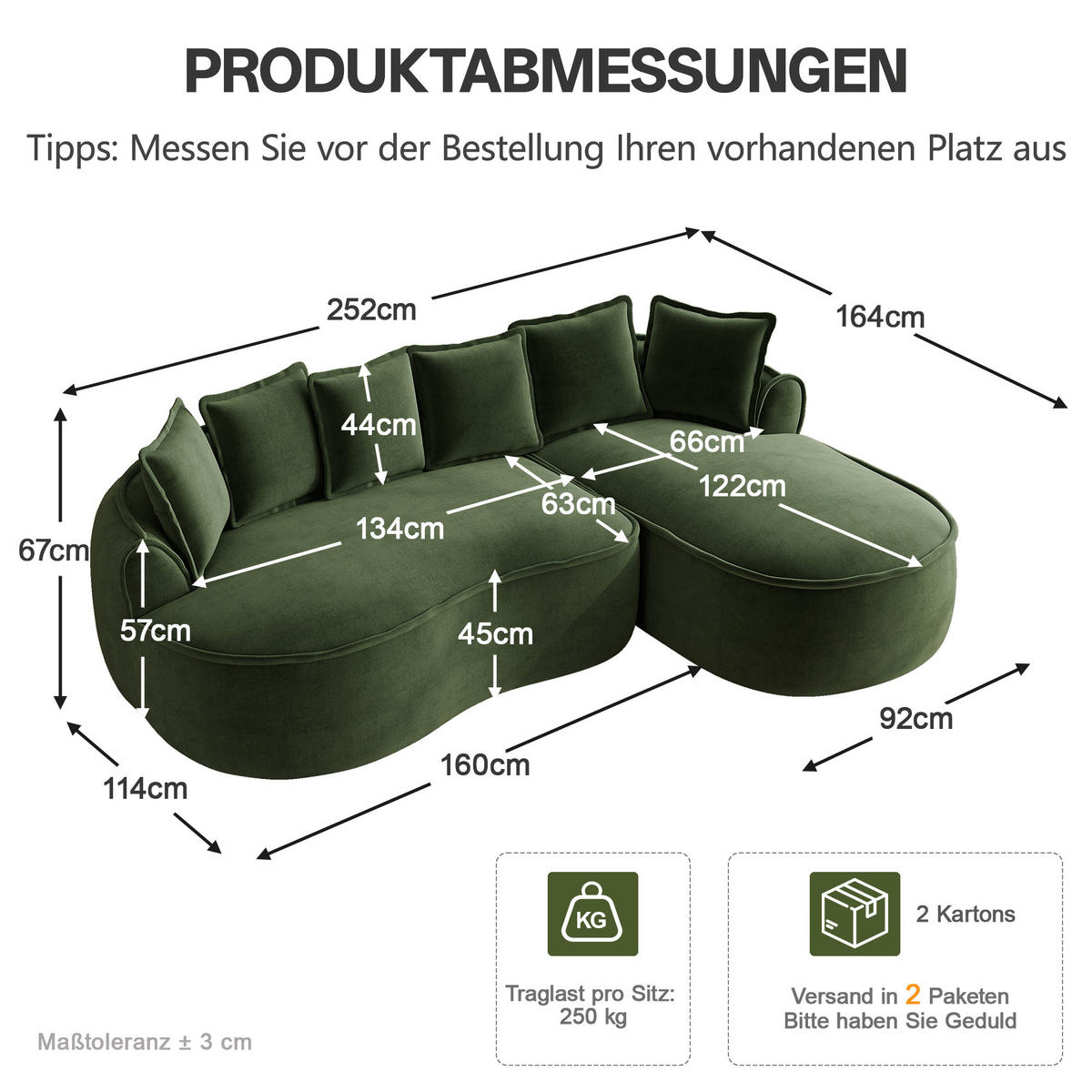 ECKSOFA DE-34260 modular mit und Kissen Grün - Grün, Textil (164/252cm) - ComfortXL