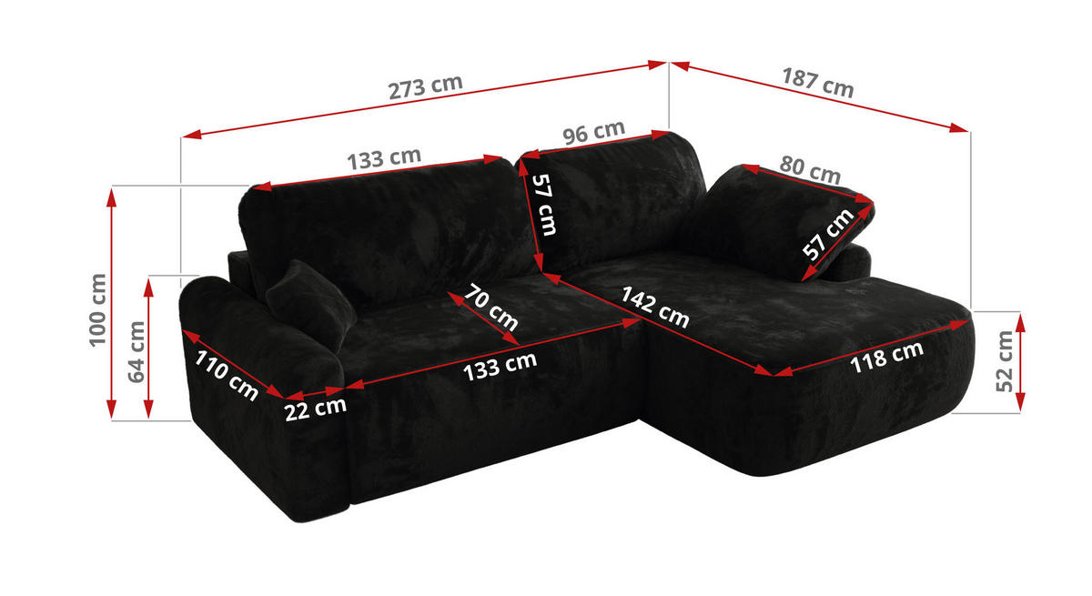 ECKSCHLAFSOFA CUBO L Schwarz Plüsch - links - Schwarz, Kunststoff/Textil (273/187cm) - MKS