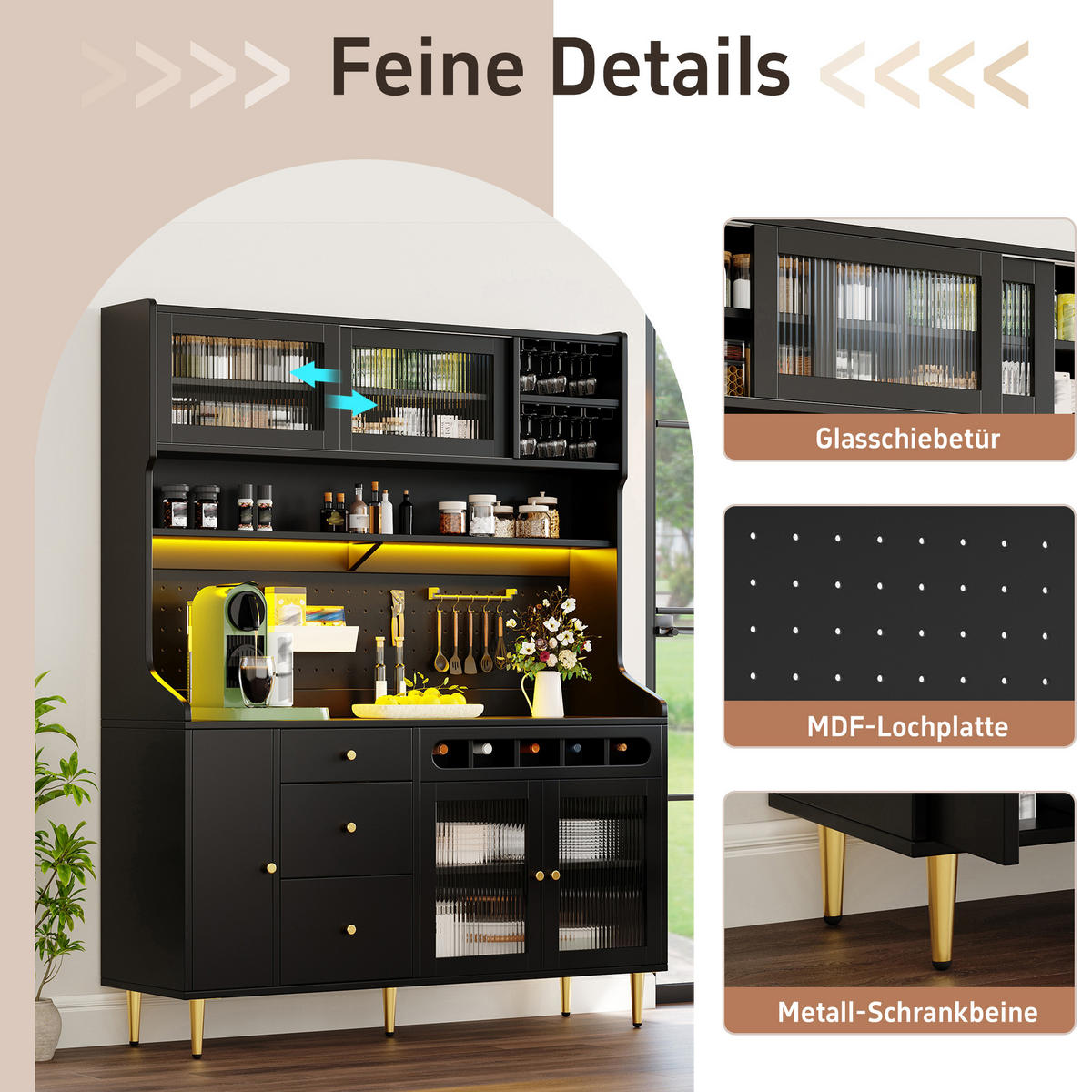 KÜCHENSCHRANK in Schwarz mit LED, verstellbaren Böden, Schublade und Weinregal für Esszimmer,B145/T39/H171cm - Goldfarben/Schwarz, Glas/Holzwerkstoff (145/171/39cm) - STILVORA