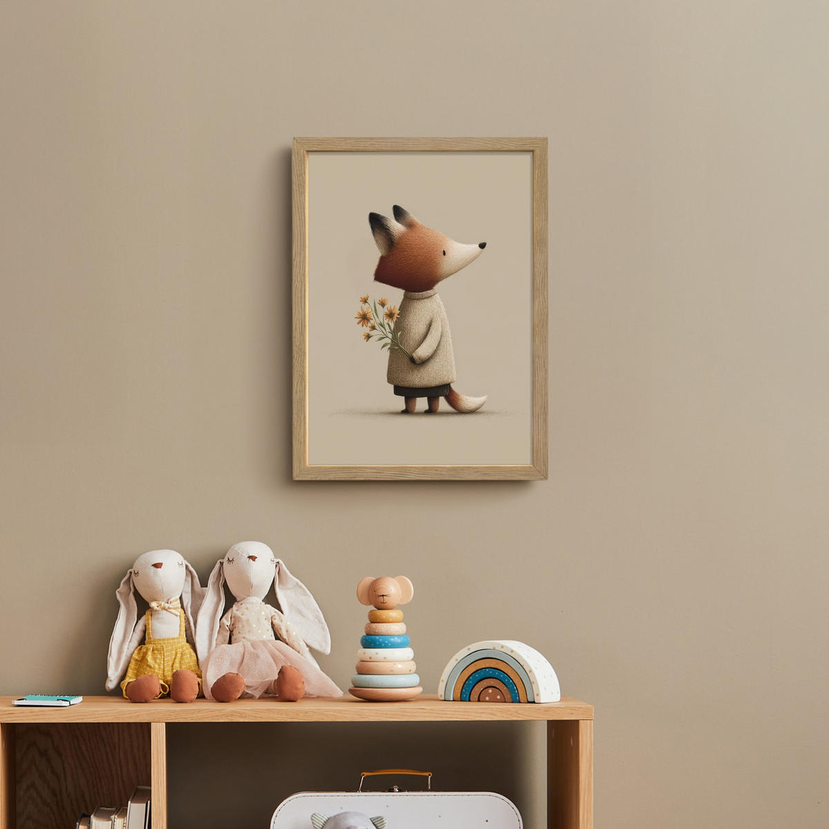 DOBÍJECÍ NOČNÍ LAMPIČKA Liška - Žluté květy - Minimalistický 30x40 cm - šedohnědá, kompozitní dřevo (8/30/40cm) - OnlyWow