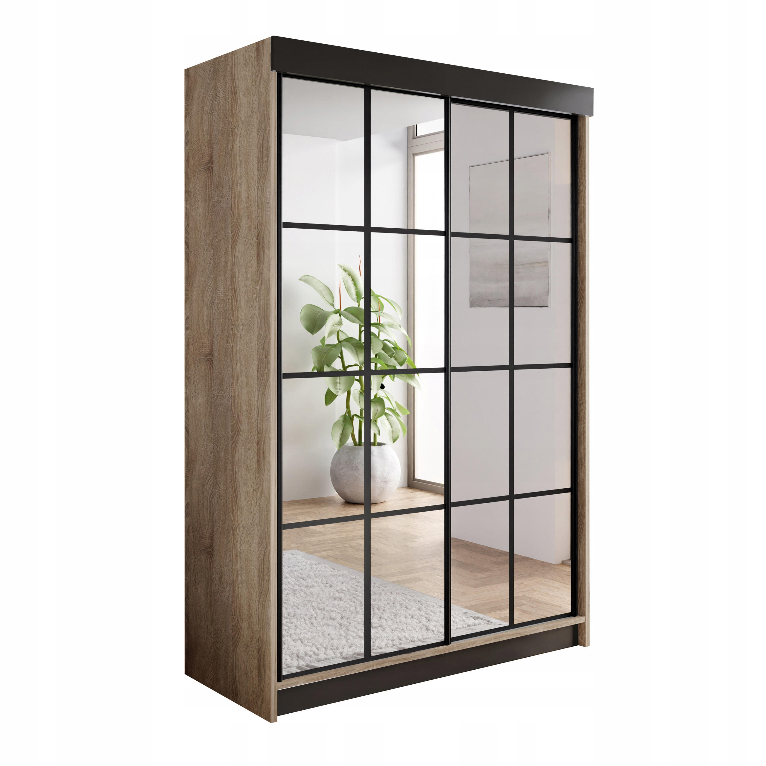 Kier Furniture POSUVNÁ ŠATNÍ SKŘÍŇ ARI 2 se zrcadlem 150 - Dub Sonoma