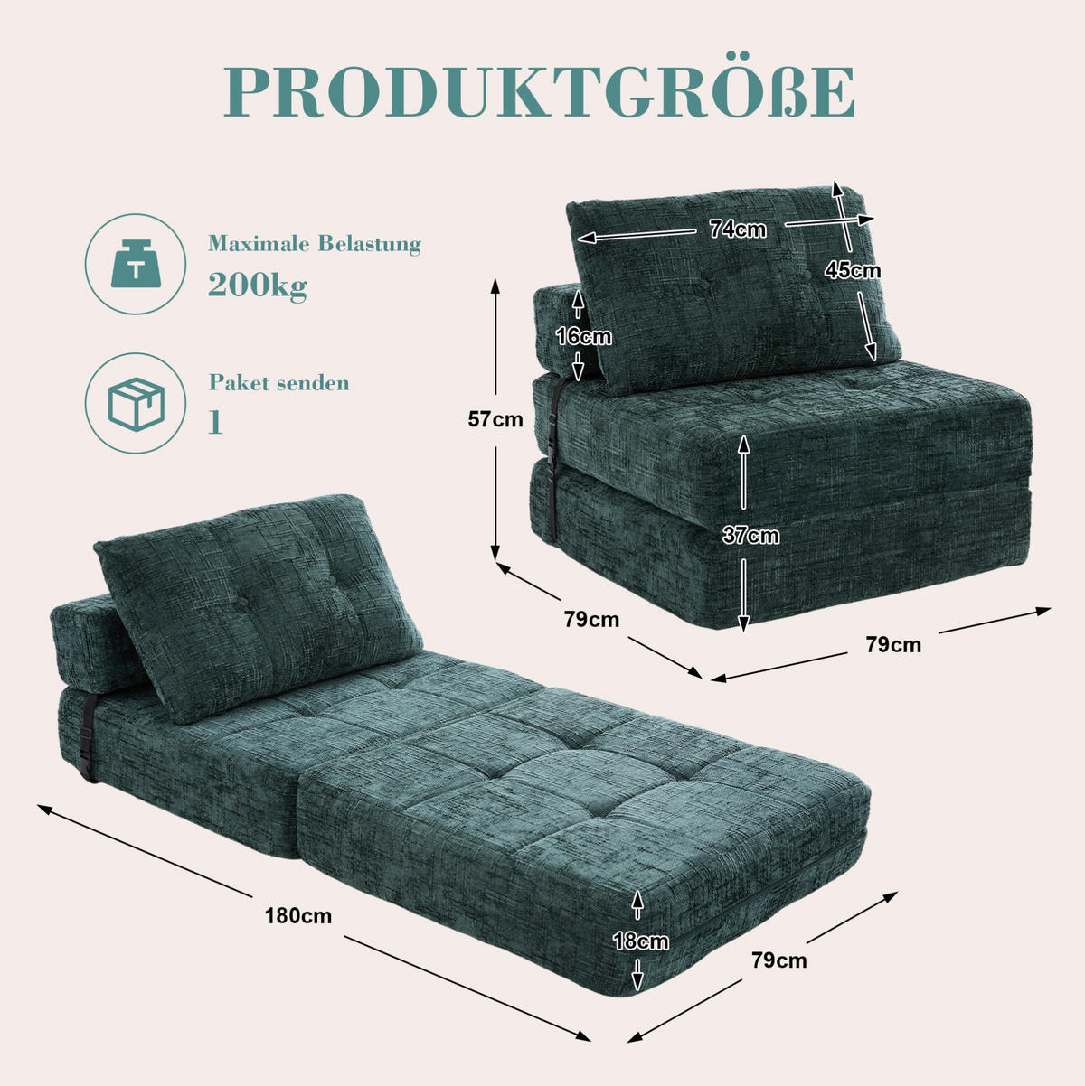 SCHLAFSOFA aus Chenille 79x79x57 cm Smaragdgrün klappbar mit Kissen, Rückenlehne und Schaumstoffpolsterung - Dunkelgrün, Textil (79/57/79cm) - Modfu