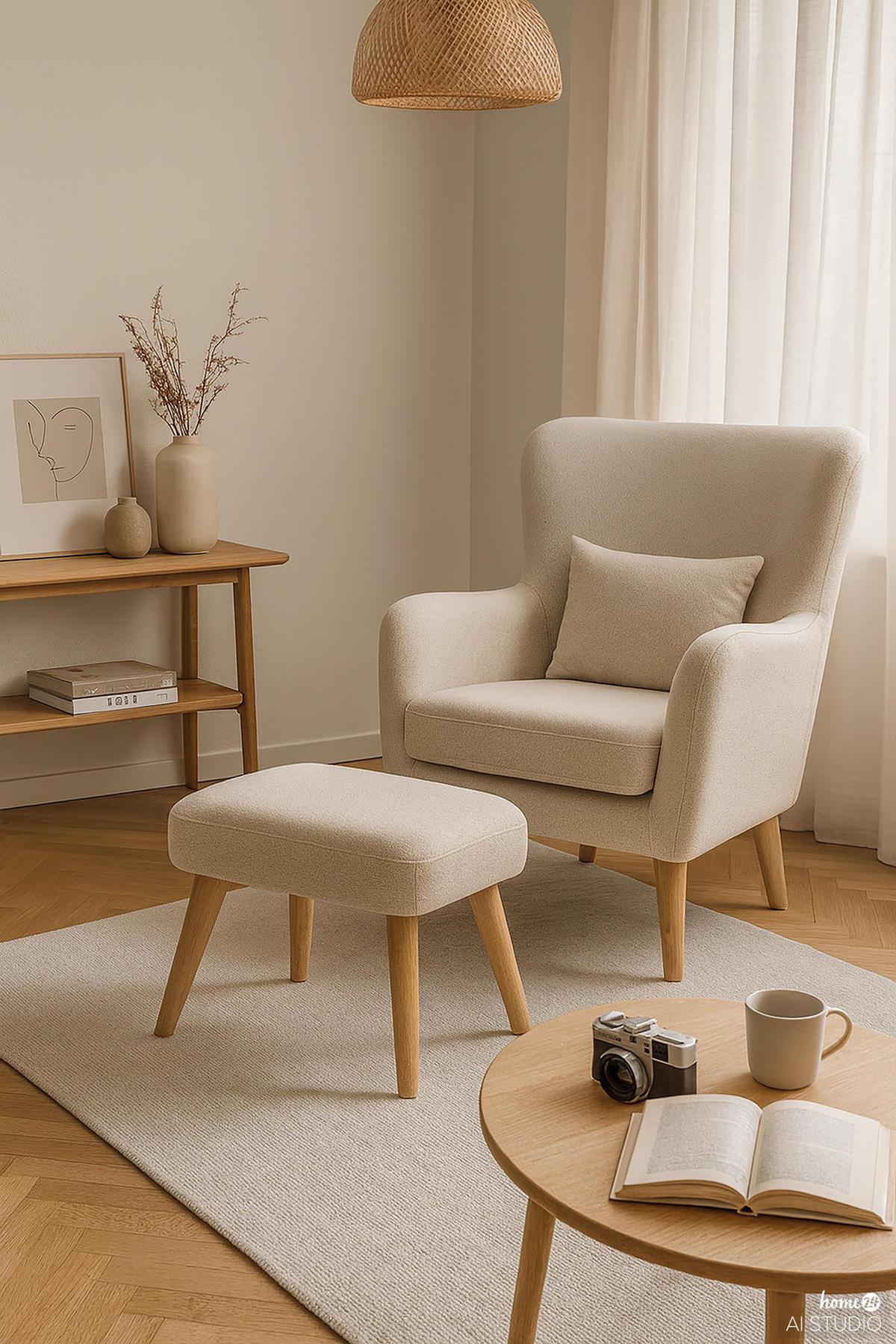 SESSEL mit Hocker - Beige, Birkenholz/Textil (75/96/78cm) - home24