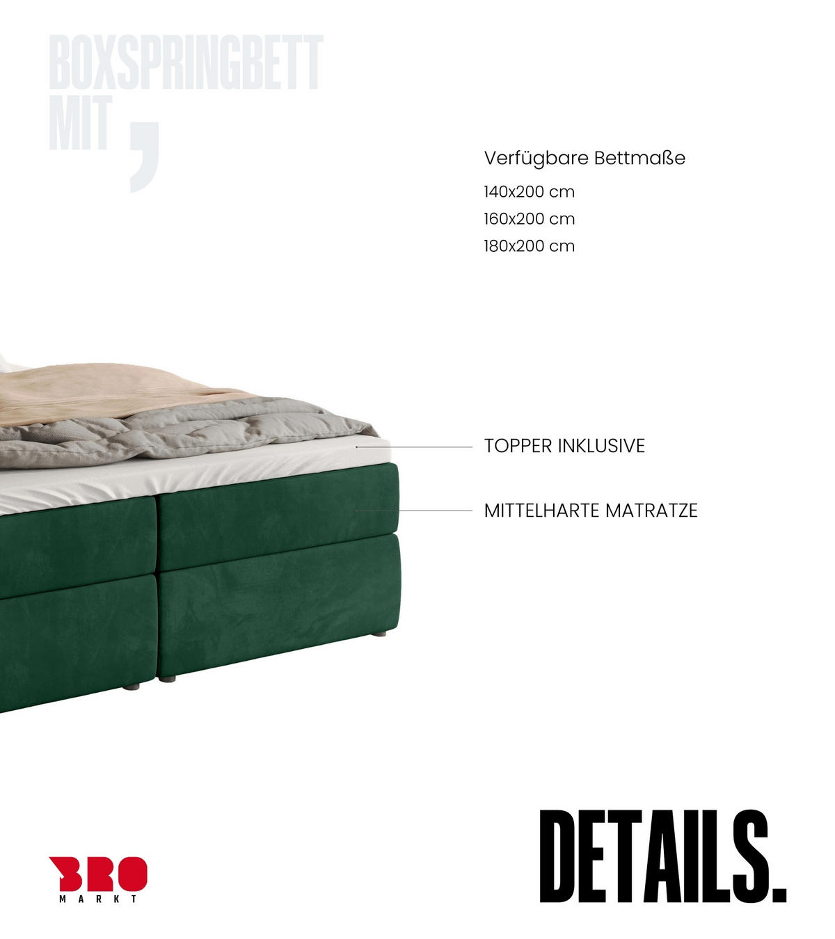BOXBETT Denver mit Topper 140/200 Grün - Grün, Holzwerkstoff/Textil (140/200cm) - Bromarkt
