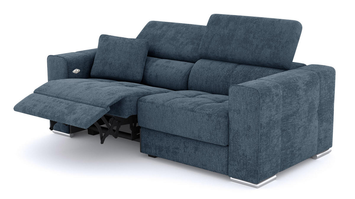 SOFA QUARTZ 3-Sitzer mit 1 Relaxfunktion, blau - Blau/Silberfarben, Holzwerkstoff/Textil (204/80/102cm) - Courtois Laville