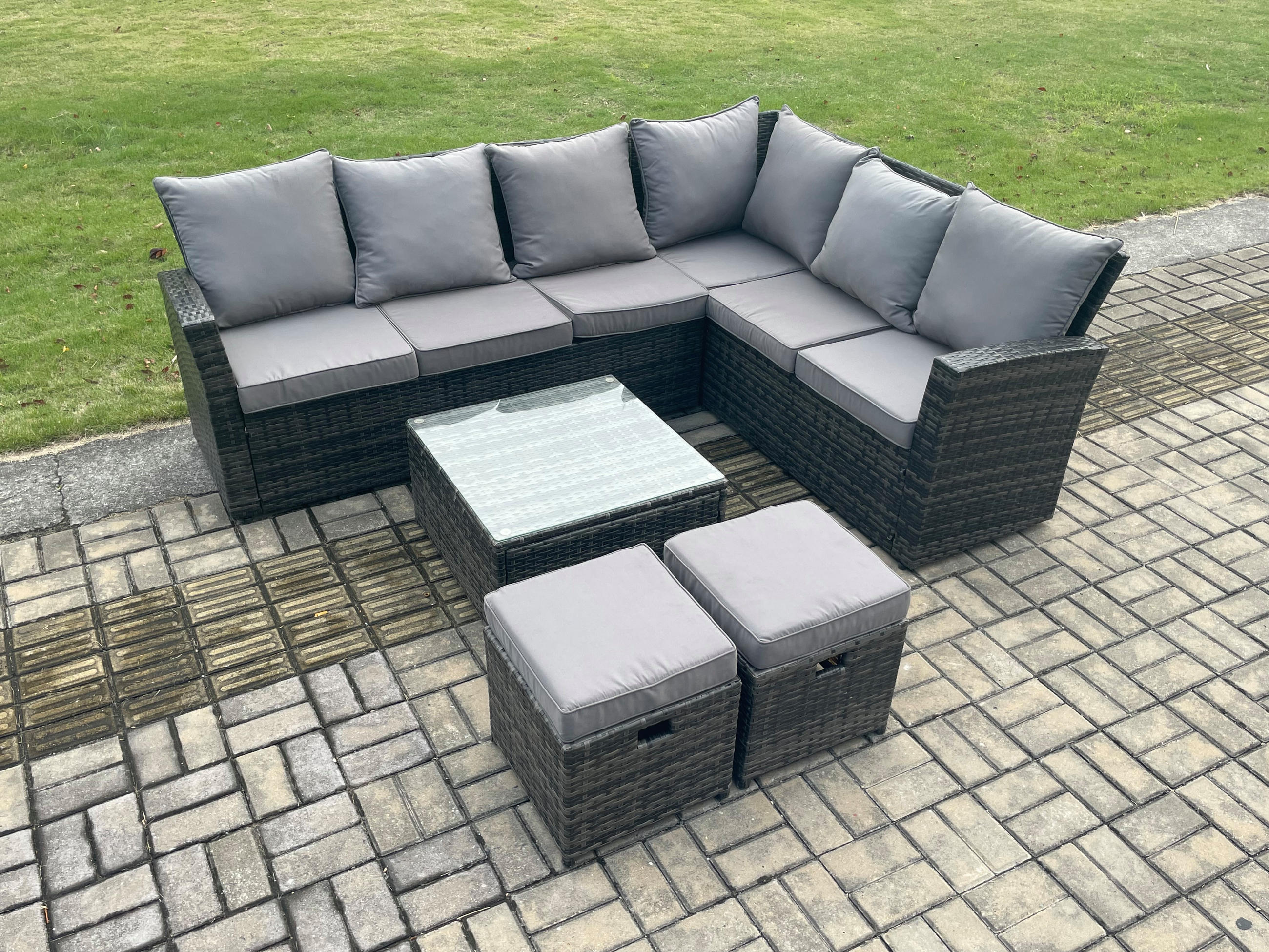 GARTENSOFA SET Hohe Rückenlehne Polyrattan Dunkelgrauer Mix 8-Sitzer - Dunkelgrau/Grau, Glas/Kunststoff - Fimous