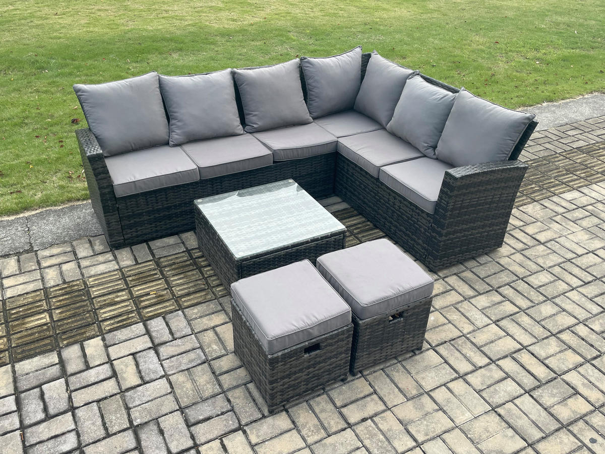 GARTENSOFA SET Hohe Rückenlehne Polyrattan Dunkelgrauer Mix 8-Sitzer - Dunkelgrau/Grau, Glas/Kunststoff - Fimous