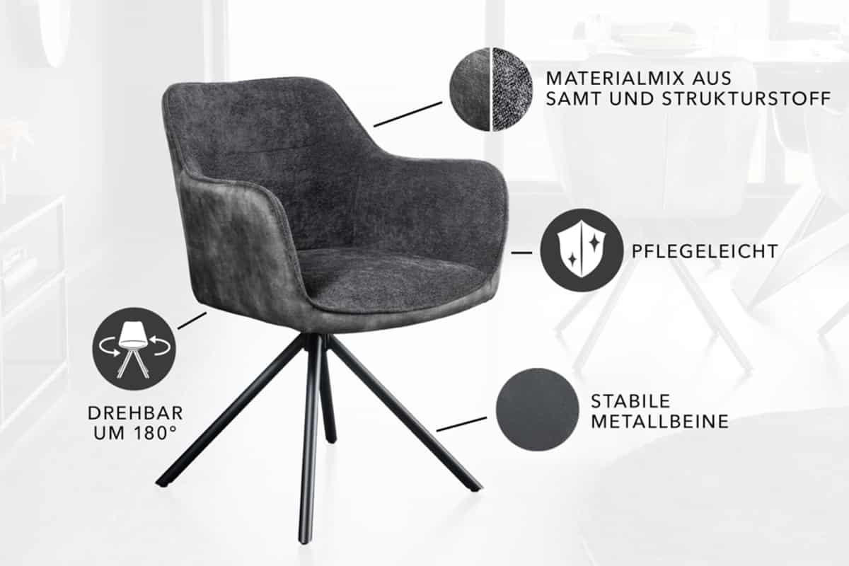 STUHL VERONA Samt Dunkelgrau 80 cm - Schwarz/Grau, Textil/Metall (58/80/59cm) - riess-ambiente