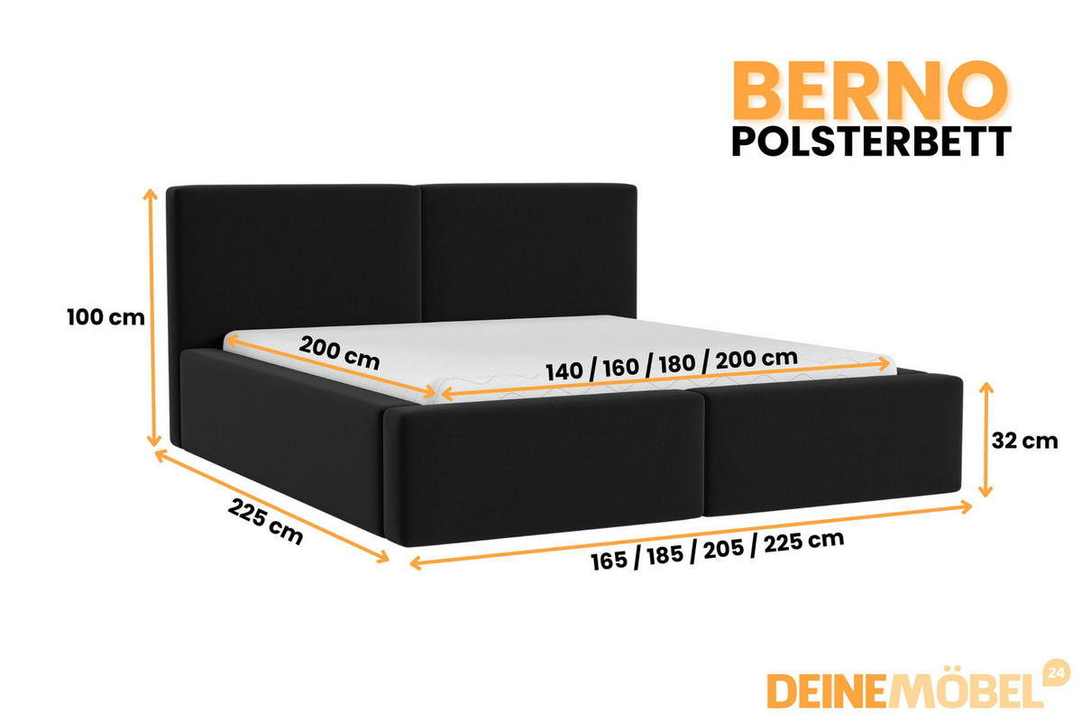 POLSTERBETT BERNO 160/200 in Velours Schwarz - Schwarz, Holz/Holzwerkstoff (160/200cm) - Deine Möbel 24