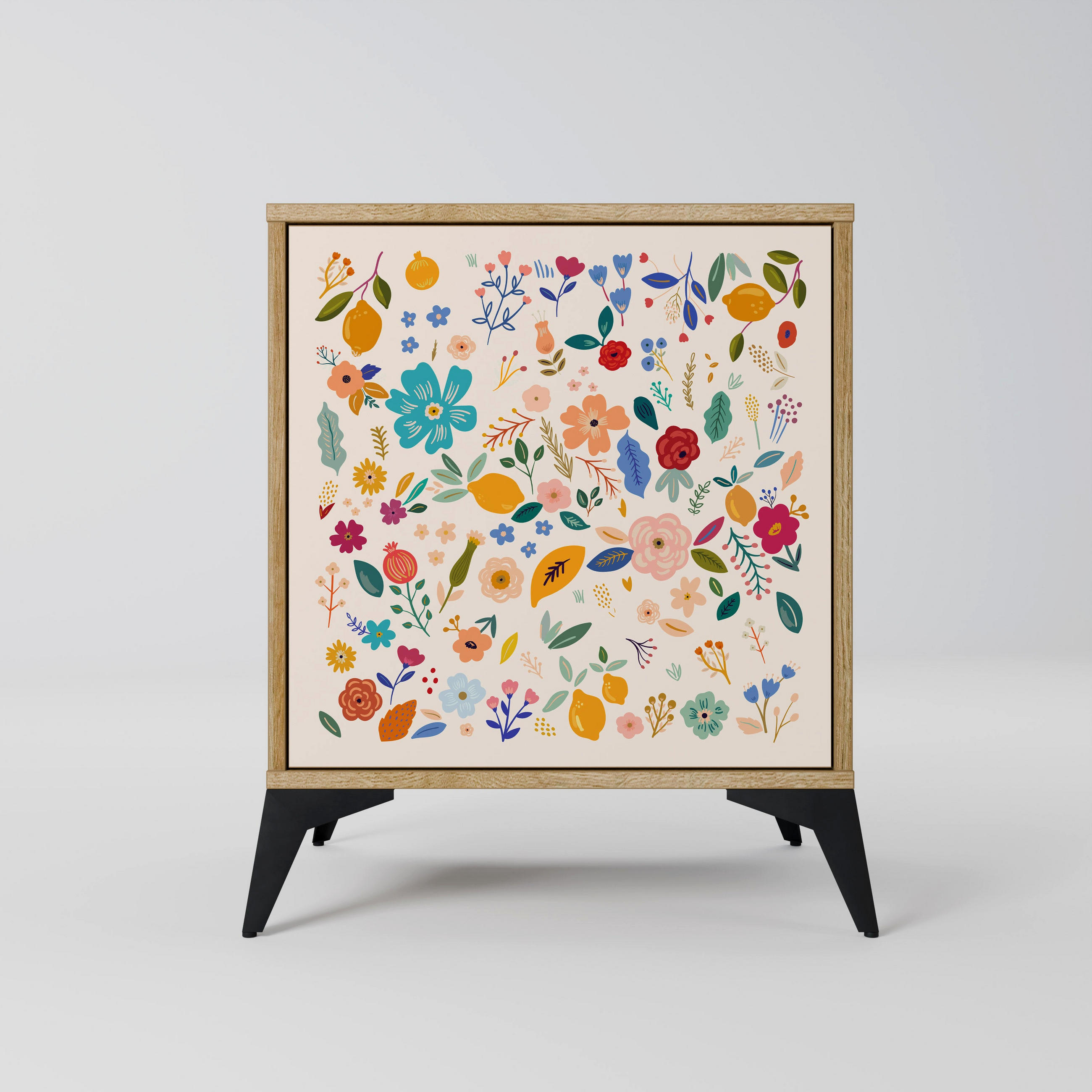 SIDEBOARD FLORAL COMBINATION, Eichefarben, 57,5x42x70,5 cm, Schwarze Metall-Sternfüße - Eichefarben/Multicolor, Holzwerkstoff/Metall (57.5/70.5/42cm) - SpaceRebels