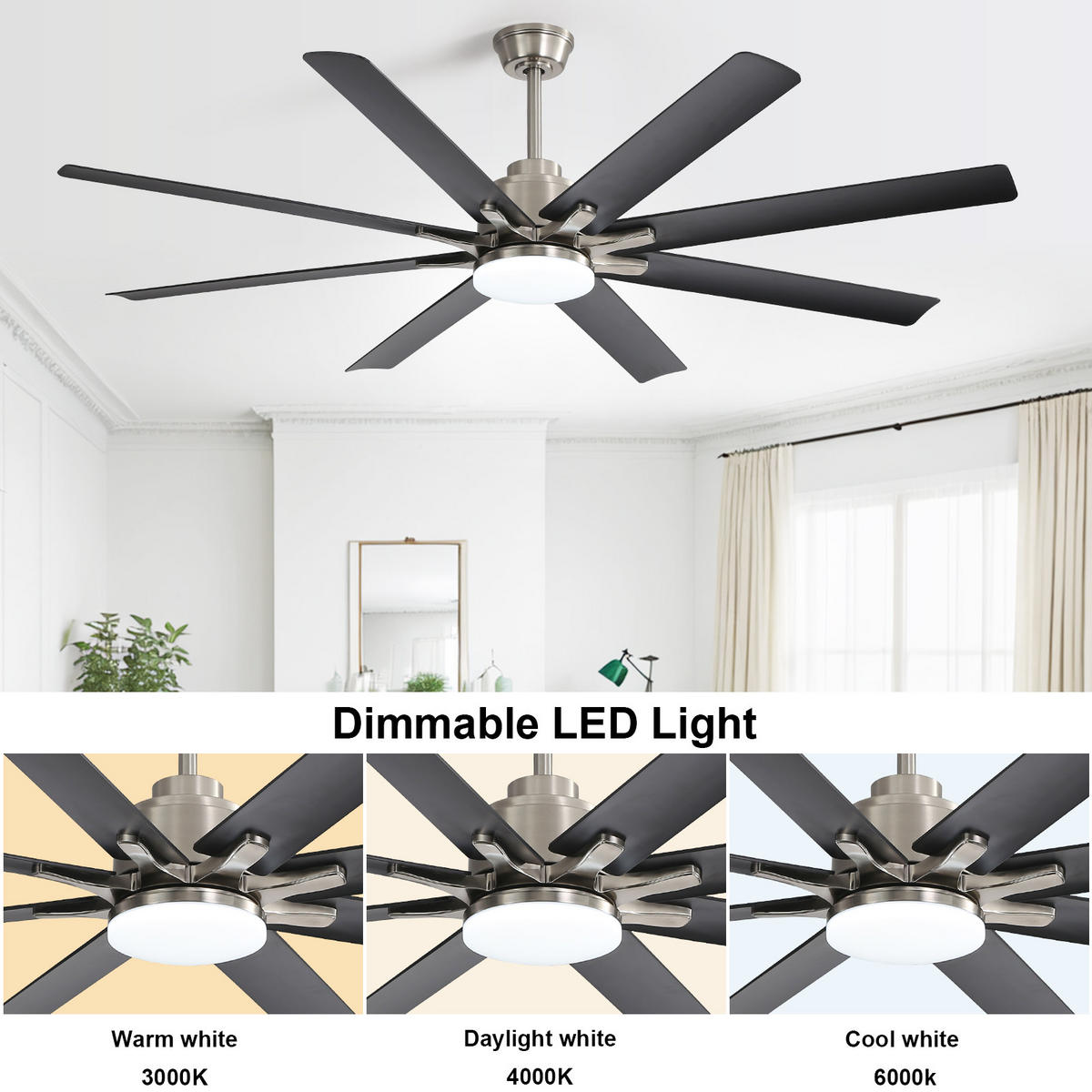 DECKENVENTILATOR DE-16312 66 Zoll Smart 8 Flügel & reversibel - Schwarz, Kunststoff (167.64/167.64/35.56cm) - ComfortXL