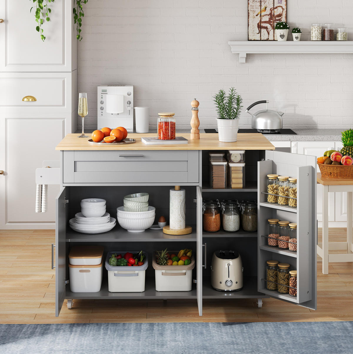 KÜCHENINSEL 132,5/90/44(70) cm Grau aus MDF mit klappbarer Arbeitsplatte - Grau, Holzwerkstoff (44/90/132.5cm) - OKMYHOME
