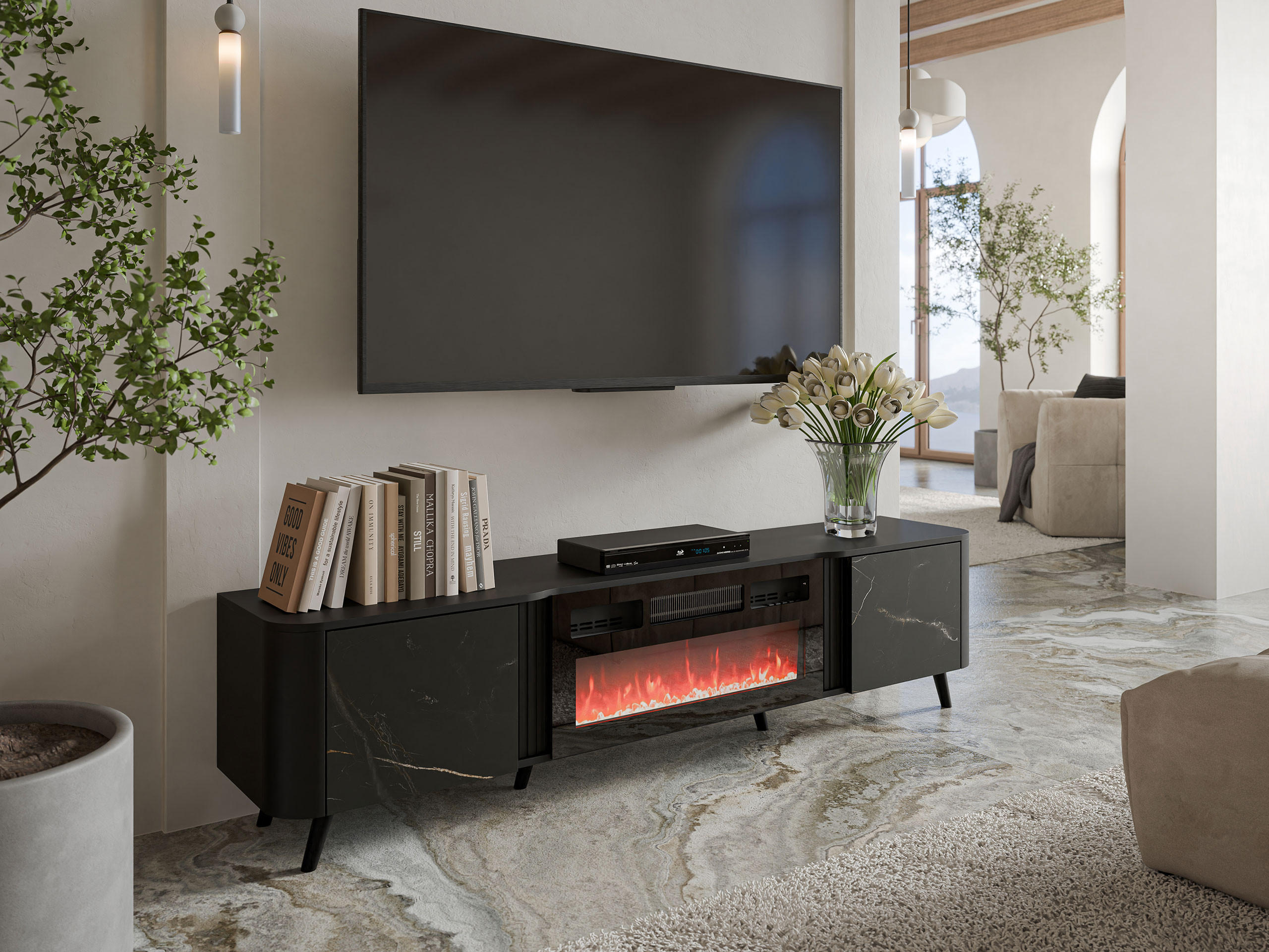 TV-LOWBOARD Volare 200 EF mit Kamin - Multicolor/Schwarz, Holzwerkstoff/Kunststoff (200/49/39cm) - MIRJAN24