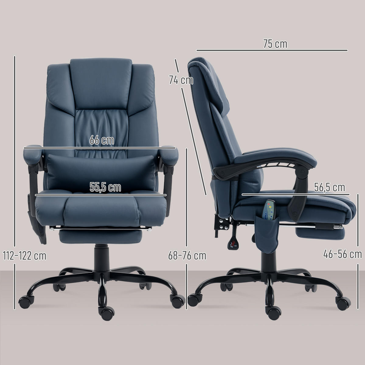 CHEFSESSEL DE-11782 66x75x122 cm Blau - Blau, Metall (75/122/66cm) - ComfortXL