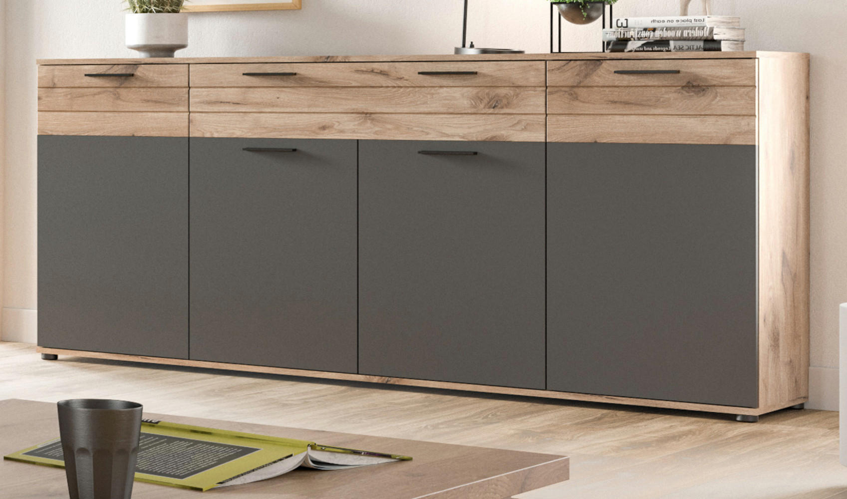 SIDEBOARD Eiche, grau 200 cm, KOMMODE mit Soft-Close, Wohn- und Esszimmermöbel - Eichefarben/Schwarz, Holzwerkstoff/Kunststoff (200/91/40cm) - Inn.Furn