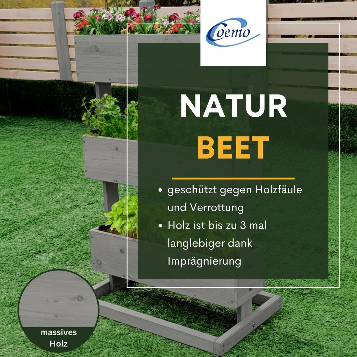 HOCHBEET 3 Etagen Holz Grau 75/30/75 cm - Grau, Holz (30/75/75cm) - Coemo