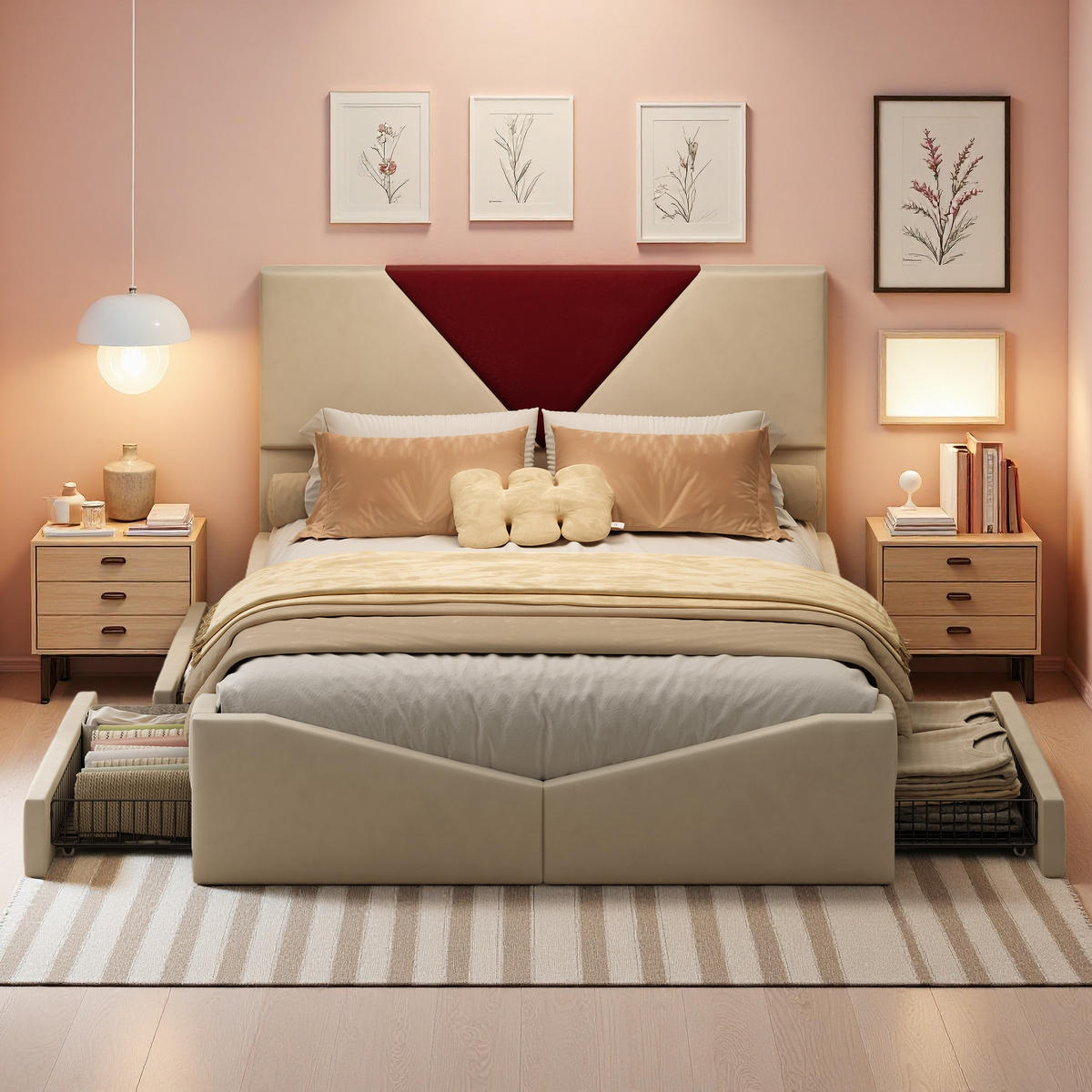 POLSTERBETT 140x200 cm LED 4 Schubladen Lattenrost Samt beige - Beige, Holz (140/200cm) - LEBENLANG