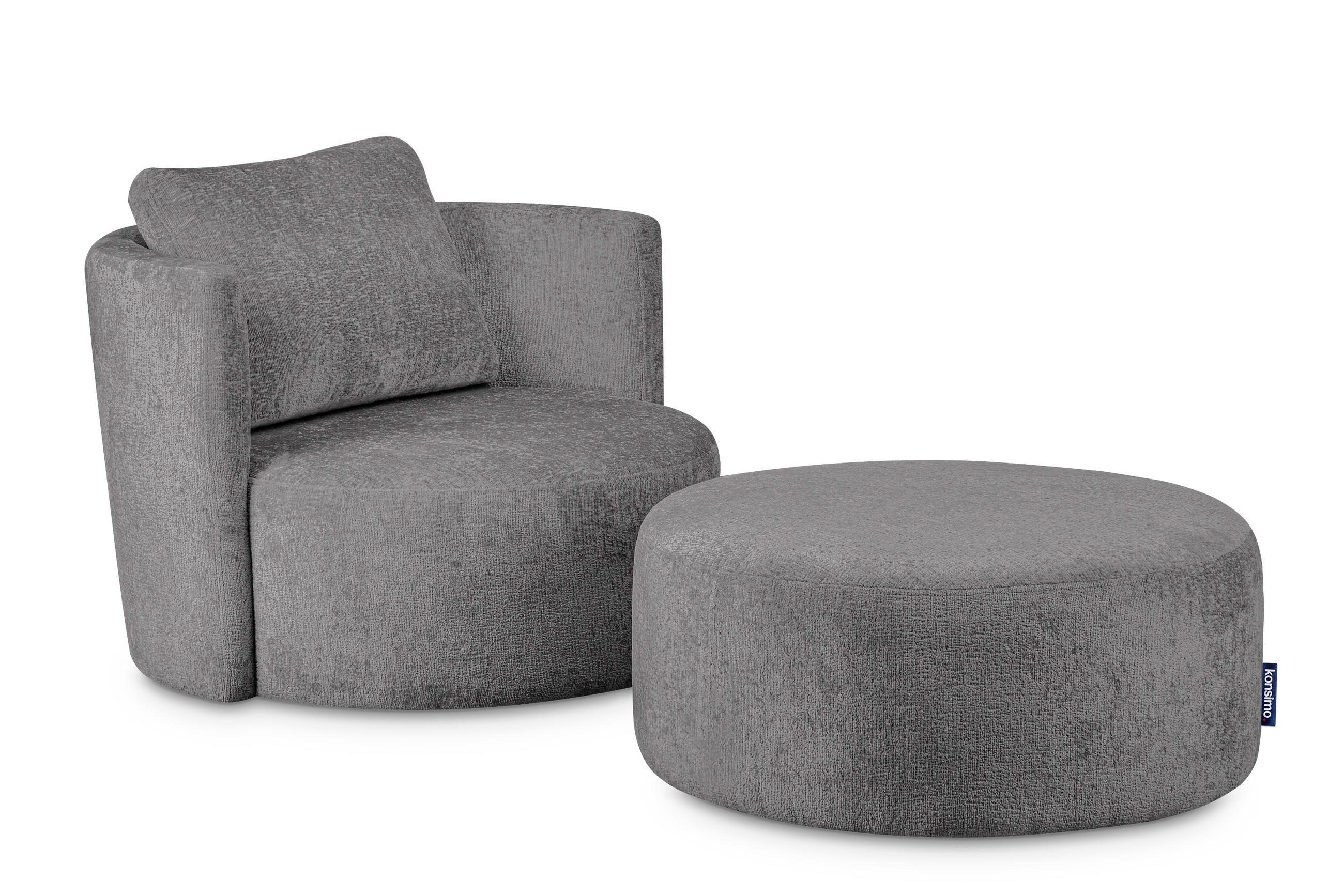 DREHSESSEL-SET RAGGI inkl. Sitzhocker, Chenille-Stoff, grau - Grau, Textil (92/75/80cm) - KONSIMO®