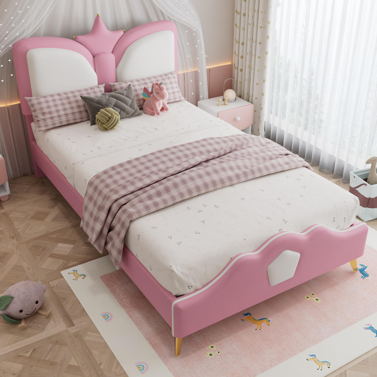 POLSTERBETT 90/200 cm Rosa Weiß mit Kopfteil in Kronenform und weichen Antikollisionskanten - Rosa, Kunststoff (90/200cm) - OKWISH