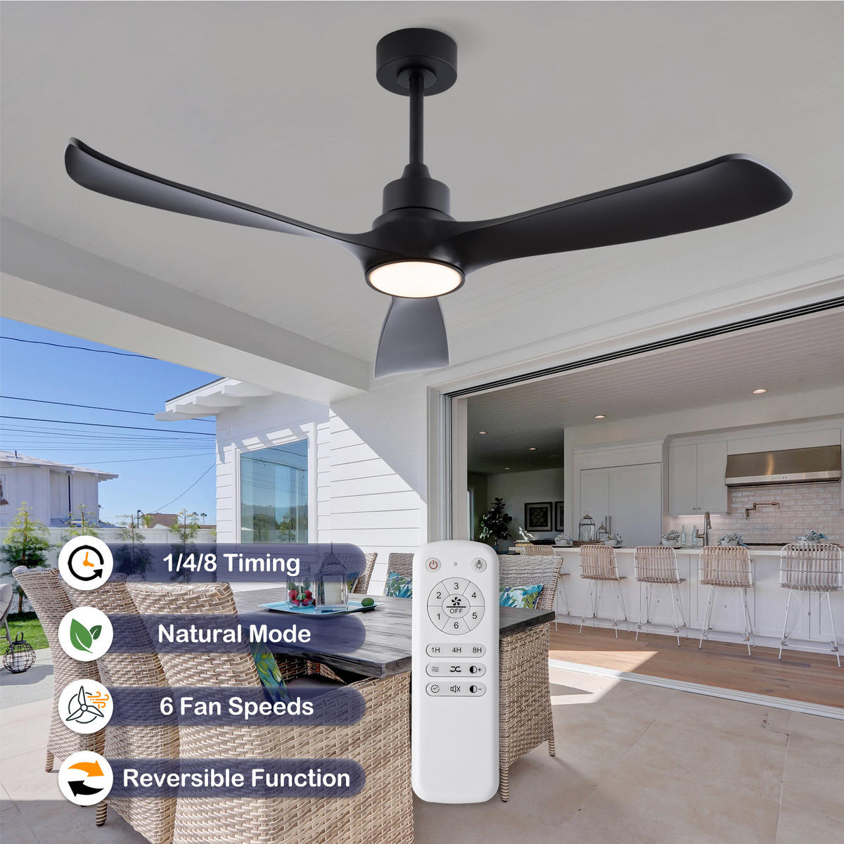 DECKENVENTILATOR DE-16246 52 Zoll mit Fernbedienung & 3 Farben Schwarz - Schwarz, Kunststoff (132/132/48cm) - ComfortXL