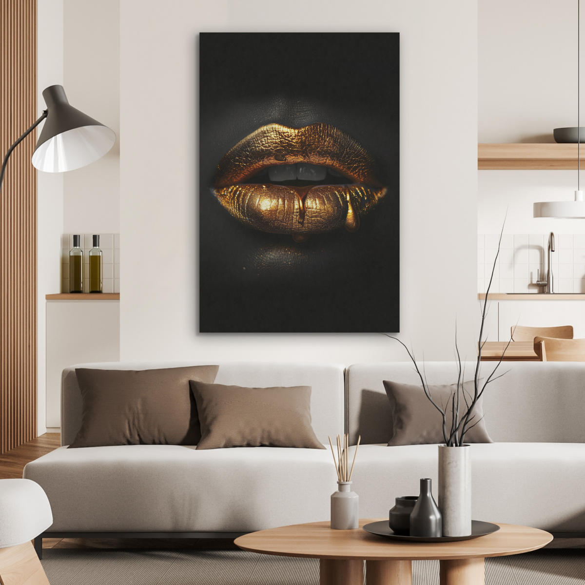 AKUSTIKBILD Frau - Porträt - Lippen - Gold - Schwarz Wanddeko 60x90 cm - Schwarz, Kunststoff (60/90/0.9cm) - MuchoWow