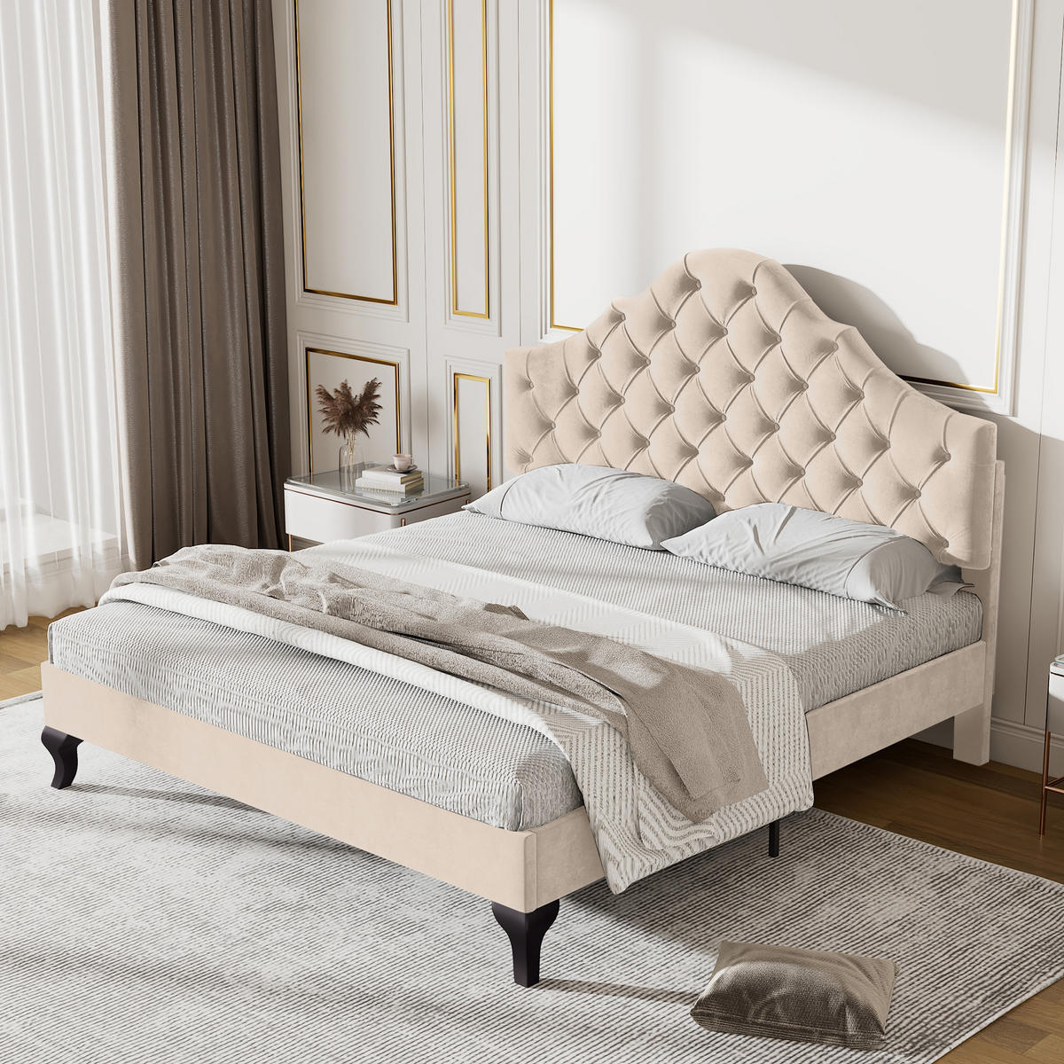 POLSTERBETT 140/190 cm beige aus Samt mit höhenverstellbarem Kopfteil - Beige, Textil (140/190cm) - OKWISH