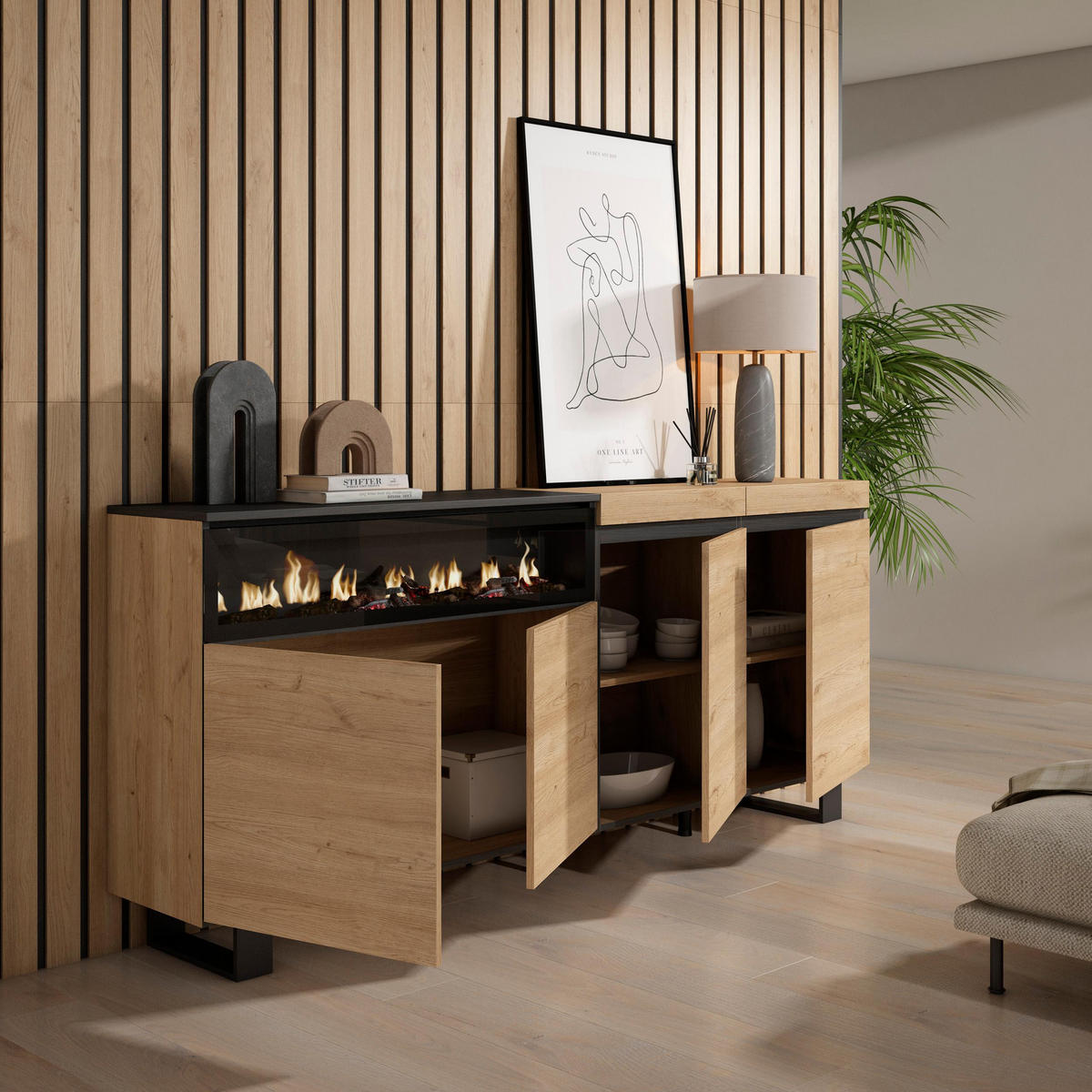 SIDEBOARD Elektrokamin, eiche, schwarz, 200/35/87cm - Multicolor, Holzwerkstoff (200/87/35cm) - Skraut Home