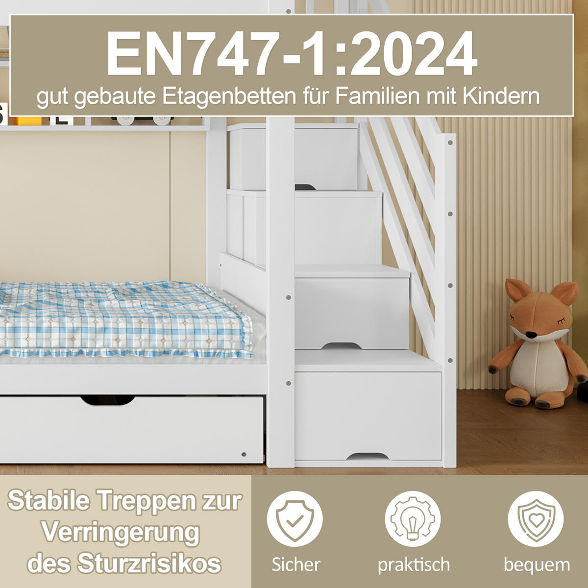 ETAGENBETT 90/200 cm mit Ausziehbett, Kleiderschrank, Regal und Stauraumtreppe aus Kiefern , Weiß - Weiß, Holzwerkstoff (90/200cm) - Redom