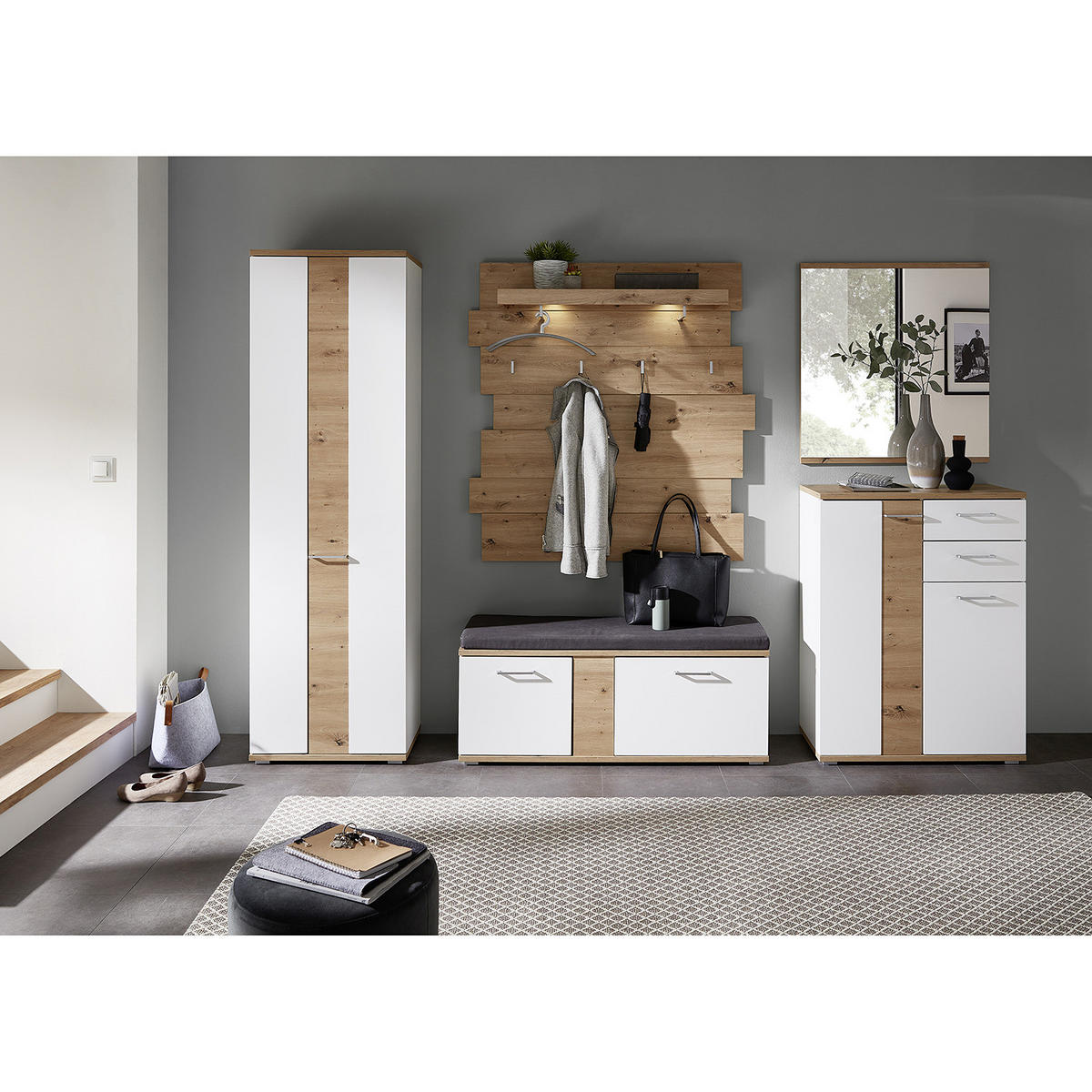 SCHUHKOMMODE - Weiß / Eiche Artisan Dekor - Chromfarben/Silberfarben, Holzwerkstoff/Kunststoff (80/106/38cm) - home24
