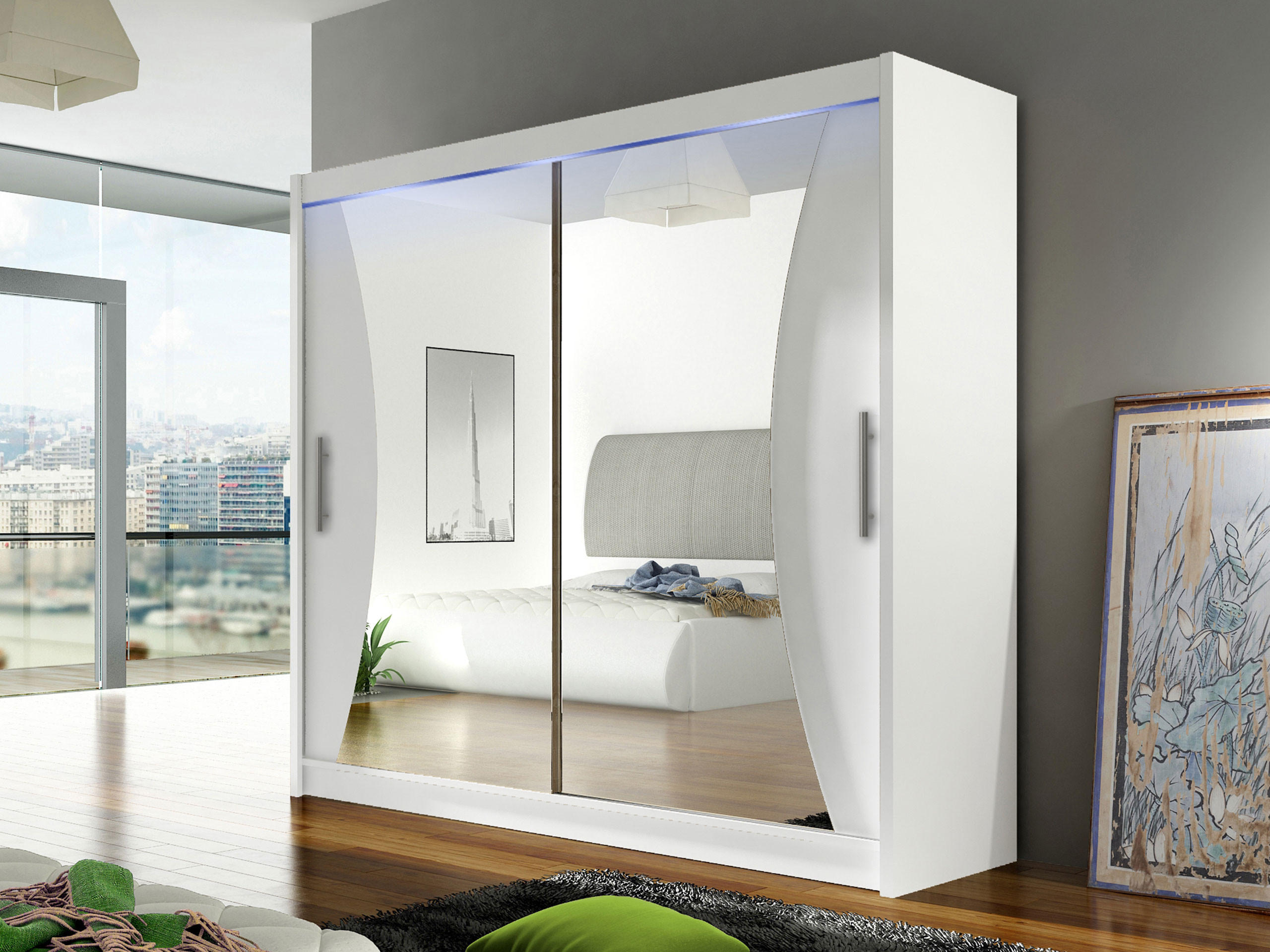 KLEIDERSCHRANK London V, mit RGB LED Beleuchtung - Silberfarben/Weiß, Holzwerkstoff/Kunststoff (180/215/58cm) - MIRJAN24
