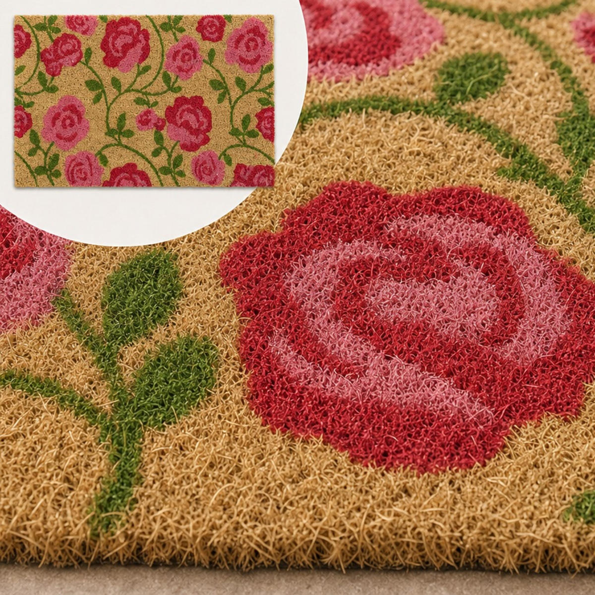 FUSSMATTE Natur Kokos Rosenmotiv rutschfest 60x40 cm - Multicolor, Kunststoff/Textil (60/40cm) - Relaxdays