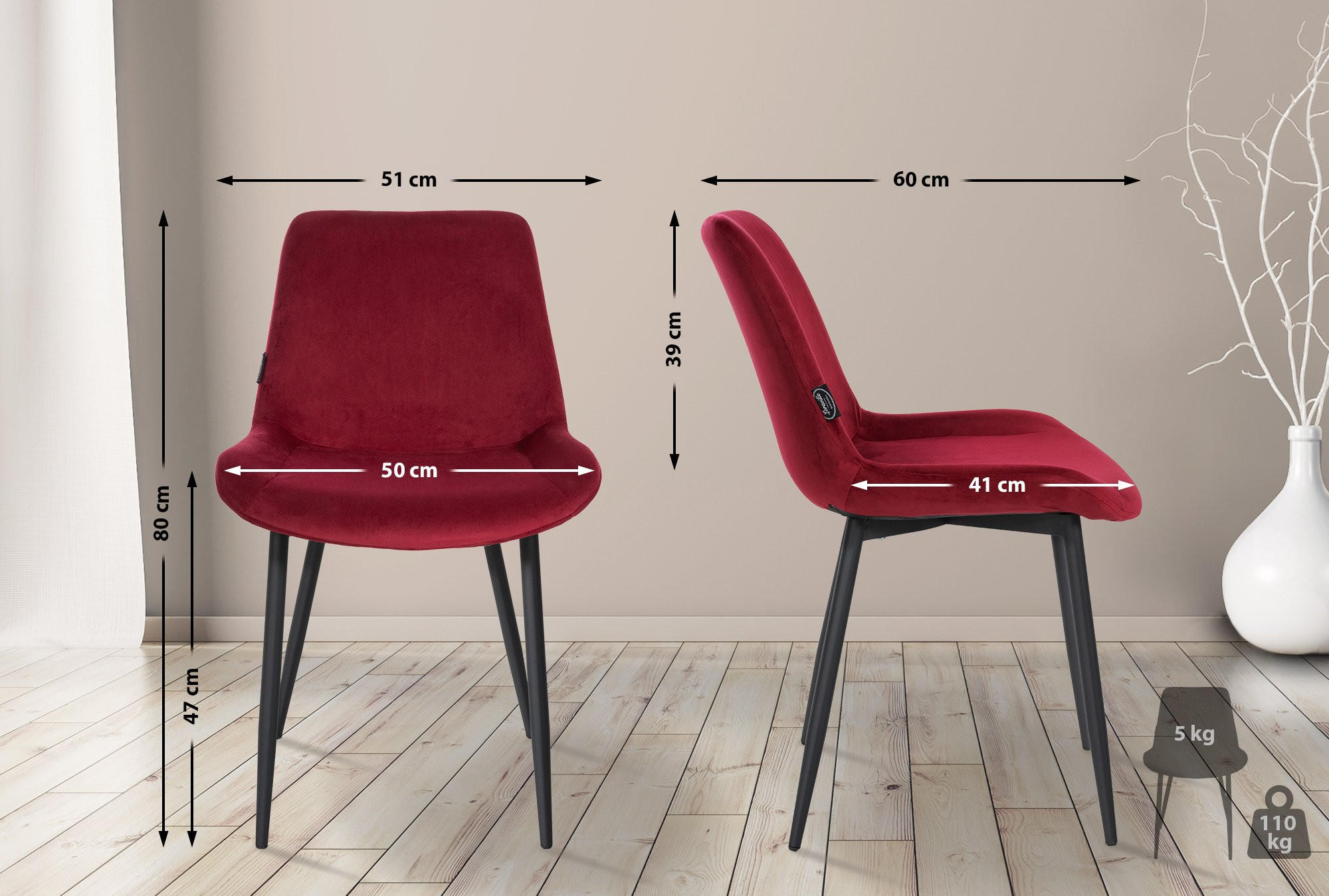 STUHL Samt rot - Rot/Schwarz, Textil/Metall (51/80/60cm) - CLP