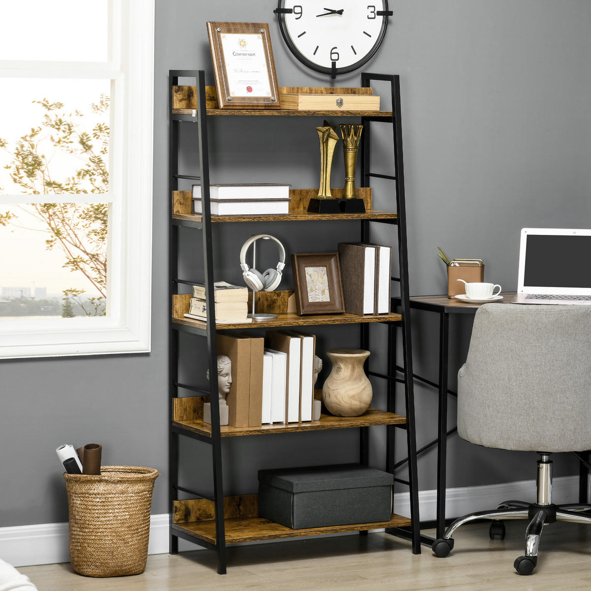 REGAL DE-15495 70/35/150 cm, 5-stufig Schwarz/Natur - Braun, Holzwerkstoff (70/149.5/30cm) - ComfortXL