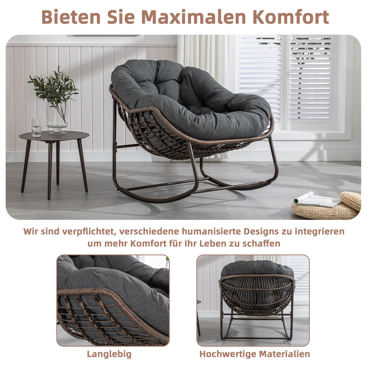 SCHAUKELSTUHL Schaukelsessel Garten,Rattanstuhl mit Stahlrahmen,Grau-Polyester - Graubraun, Metall (94.5/80/111cm) - LVHOM